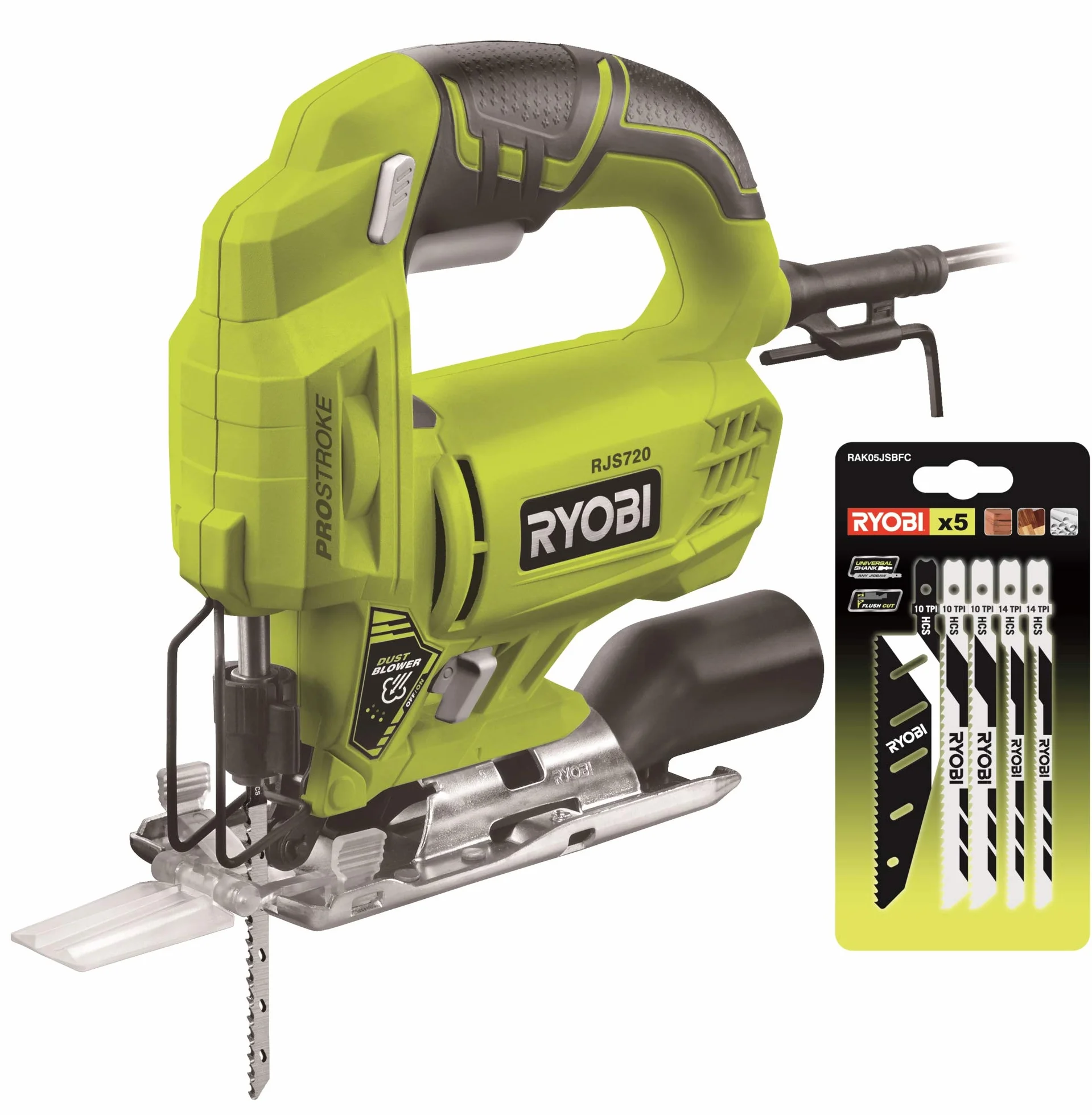 Ryobi Wyrzynarka RJS720-G (500 W, wysokość podnoszenia 19 mm, ergonomiczna konstrukcja, piła z prowadnicą, 1 brzeszczot piły, prędkość obrotowa biegu jałowego 0-3000 min-1) 5133002223