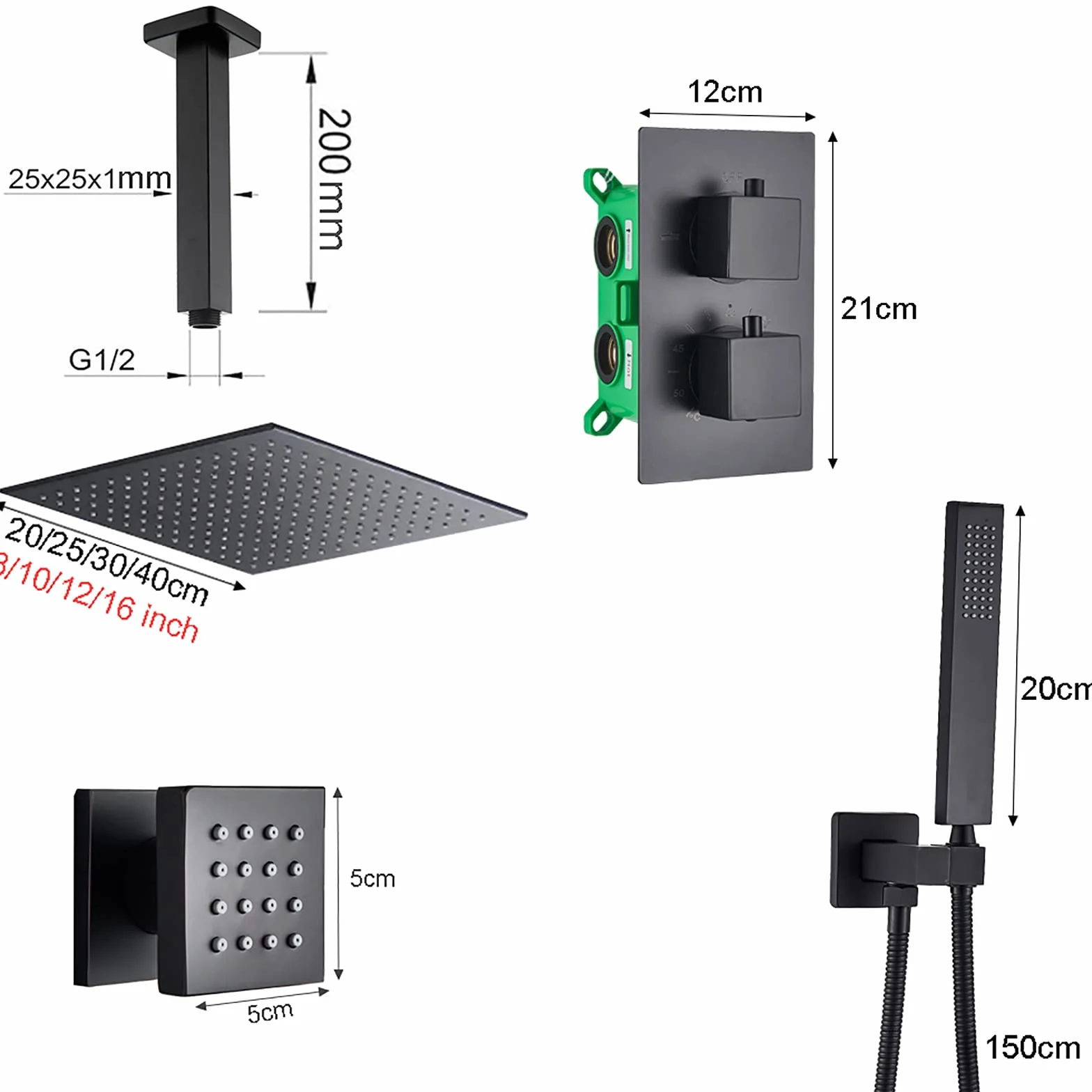 LR Black Rain Shower System Termostatyczny zestaw baterii prysznicowych z 4 dyszami natryskowymi do ciała, montowany na suficie zestaw prysznicowy z mosiężnym mieszaczem deszczowym z głowicą