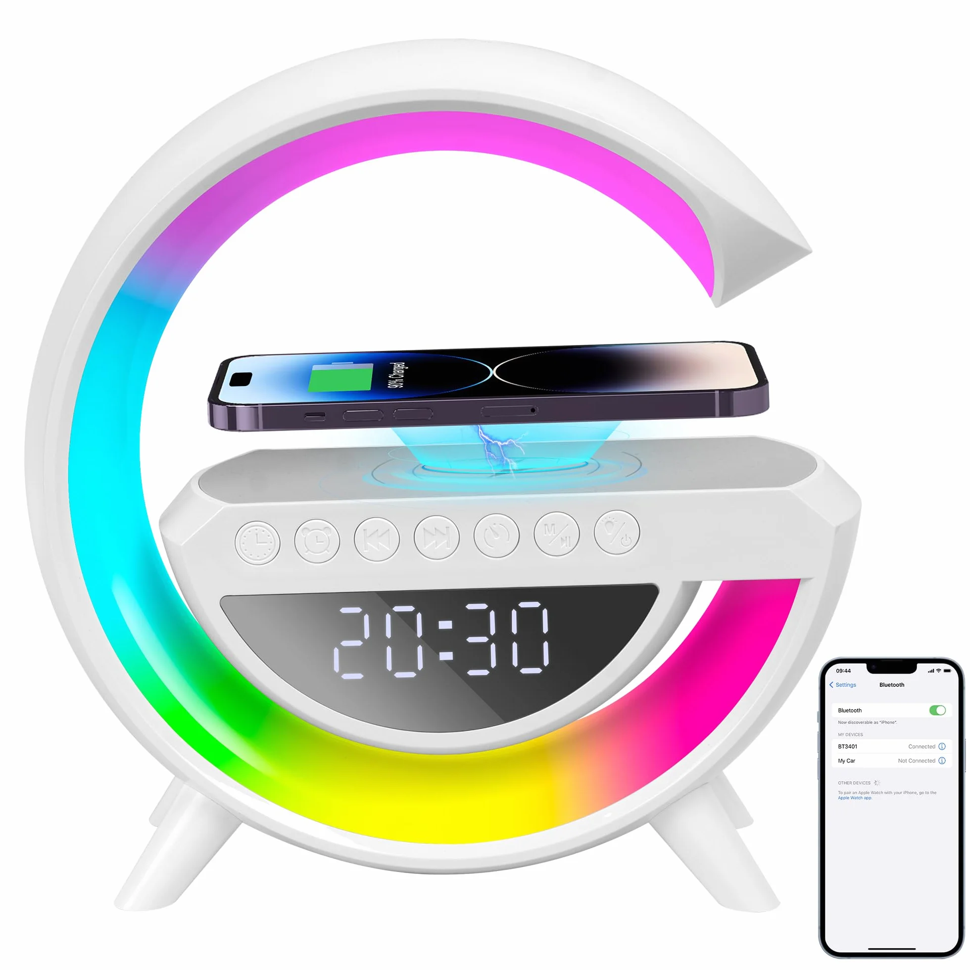 Bezprzewodowa lampa ładująca, wielofunkcyjna lampka nocna RGB, bezprzewodowa stacja ładująca, głośnik Bluetooth, cyfrowy budzik do sypialni/kempingu / salonu