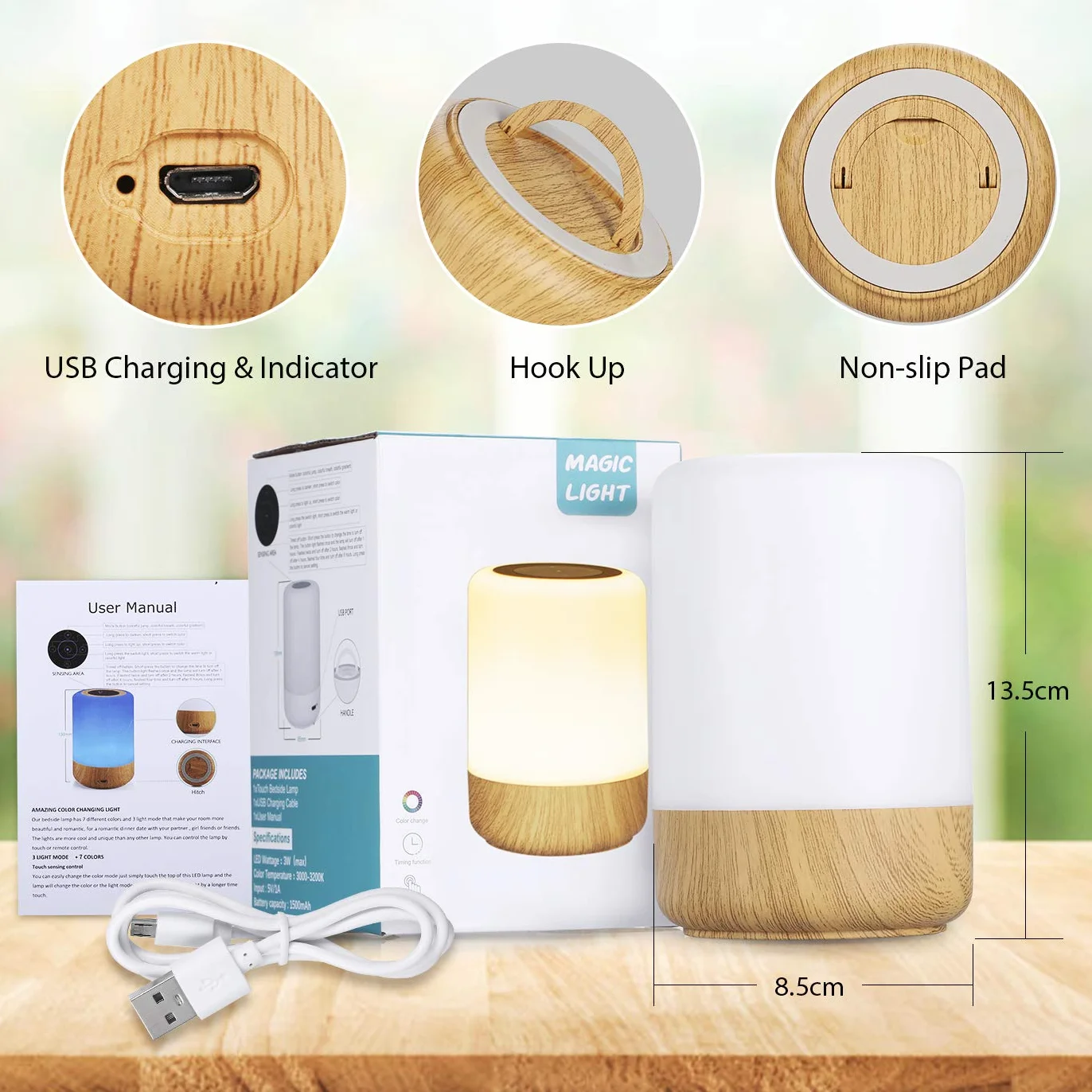 Lampka nocna LED, dotykowa, ściemniana, lampa stołowa, zasilana bateriami, 8 kolorów i 3 tryby, słoje drewna, lampka nocna, ładowanie przez USB, funkcja timera, do sypialni, salonu