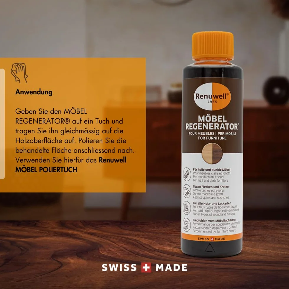 Renuwell Regenerator mebli, 270 ml – intensywna pielęgnacja i regeneracja drewnianych mebli i powierzchni, usuwa plamy z wody, zadrapania i pierścienie wysokiej temperatury, szwajcarski produkt