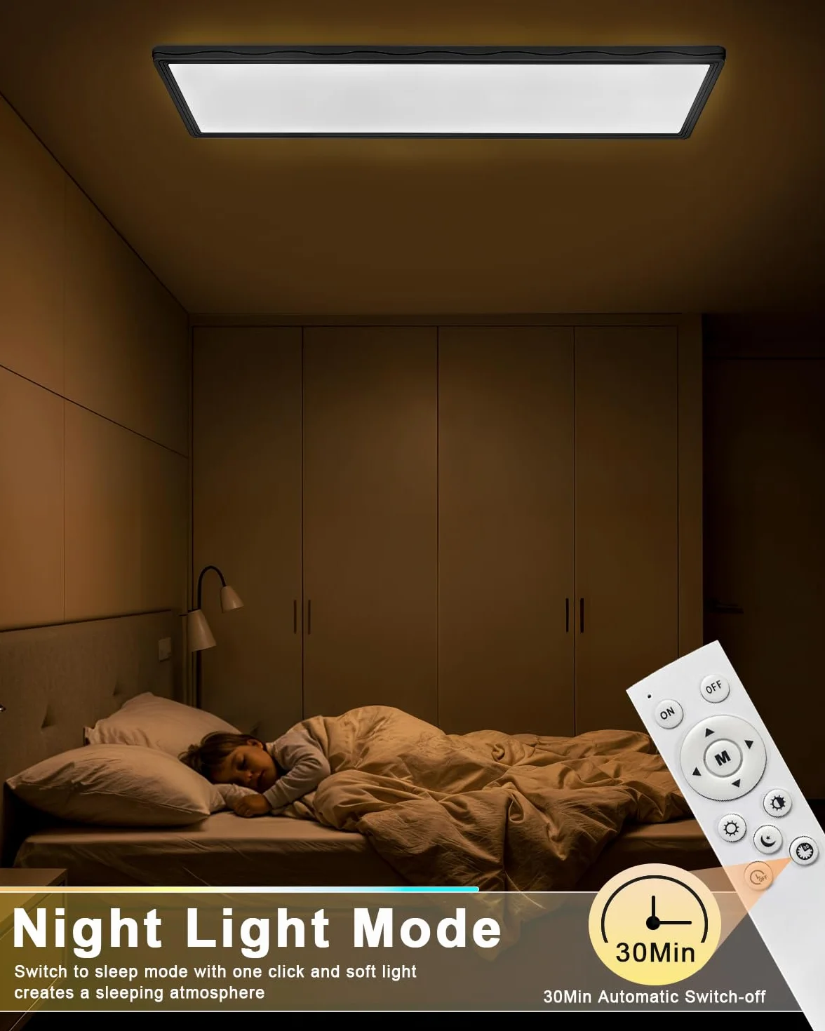 Bowfar Lampa sufitowa LED, prostokątna lampa sufitowa z pilotem, ściemnialna w zakresie 3000–6500K, ultracienki panel LED 24W z podświetleniem do sypialni, biura, łazienki, 58 * 20 * 2,5 cm – czarny