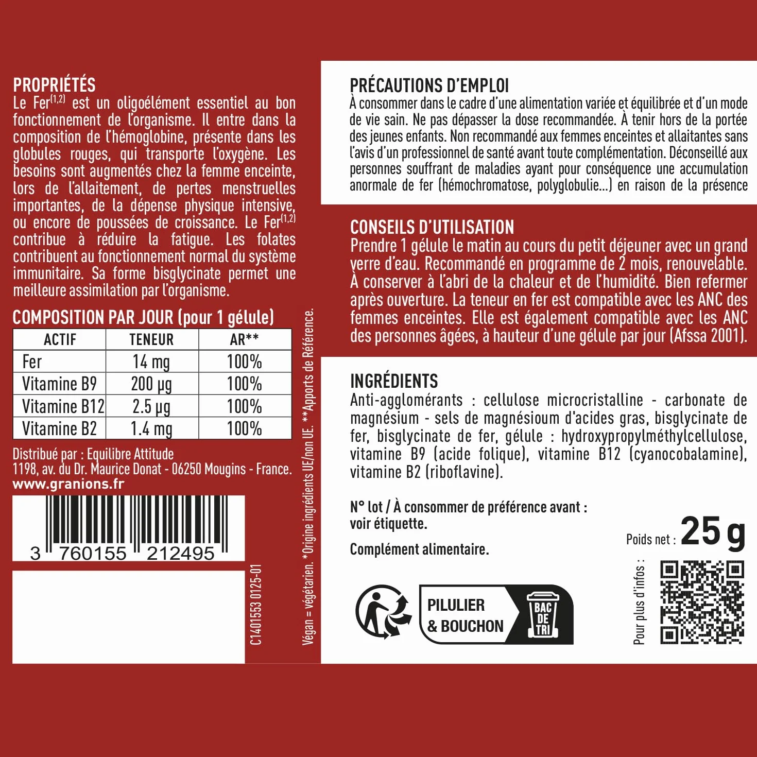 Bisglycinate żelaza 14 mg + Witamina B | Energia i witalność | 100% zalecanego spożycia | Optymalna biodostępność | Kobiety w ciąży | 60 kapsułek = 2 miesiące | Granions
