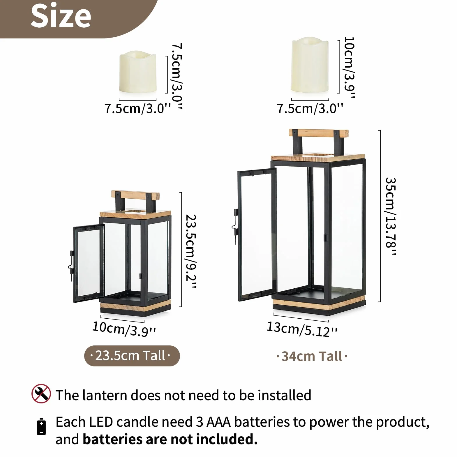 NUPTIO Latarnia zewnętrzna z timerem na świece: 23,5 cm, zestaw latarni LED, czarna, metalowa, drewniana, latarnia na świece, do użytku na zewnątrz, na Boże Narodzenie, cmentarz, odporna na warunki