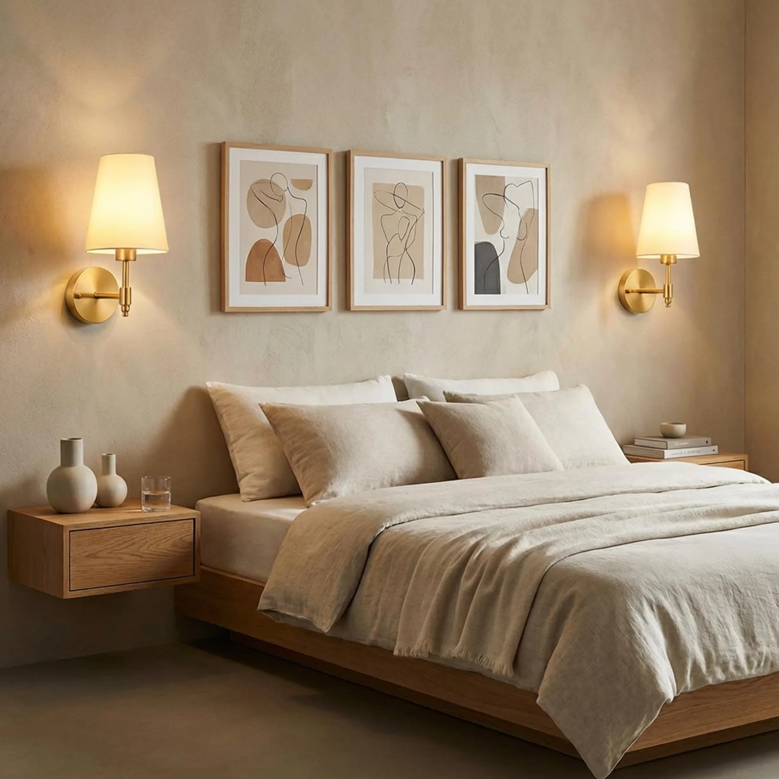 Zestaw 2 lamp ściennych LED do wnętrz, retro złote lampy ścienne do łazienek, styl industrialny, 3000K-6000K z kloszem z tkaniny, lampy ścienne do sypialni, salonów i klatek schodowych