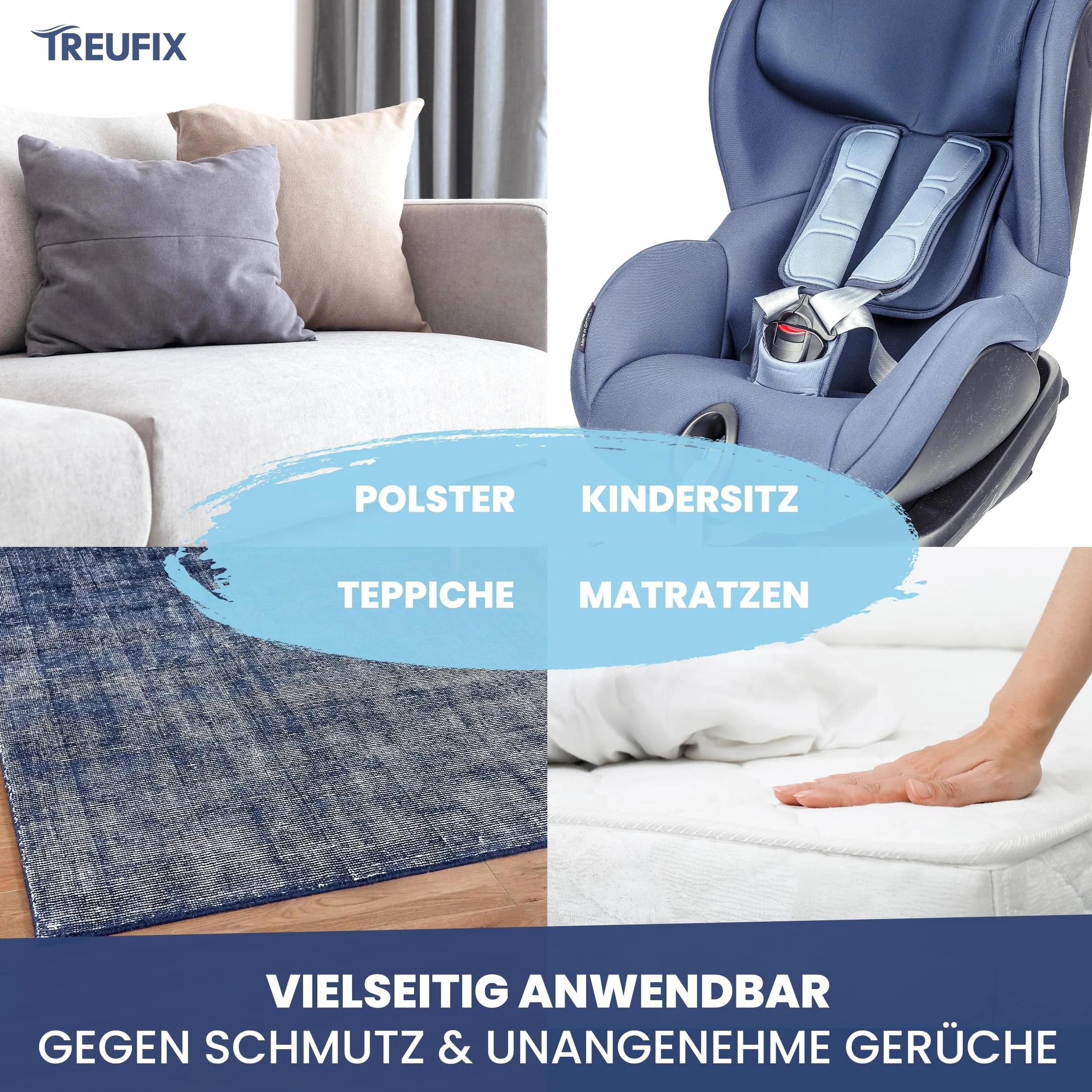 Treufix - Środek do czyszczenia tapicerki i dywanów do foteli samochodowych, sofy i kanapy [profesjonalny zestaw ze szczotką do tapicerki i ściereczką z mikrofibry] Skuteczny środek do czyszczenia