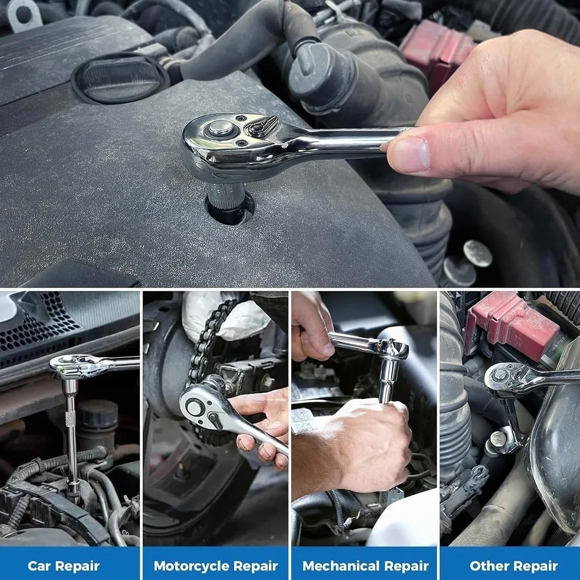 Klucze dynamometryczne Zestaw grzechotek kluczy nasadowych 1/4" 3/8" 1/2" 24-zębowy, szybkozamykający, dwustronny Telescopic Ratchet(3-Piece)