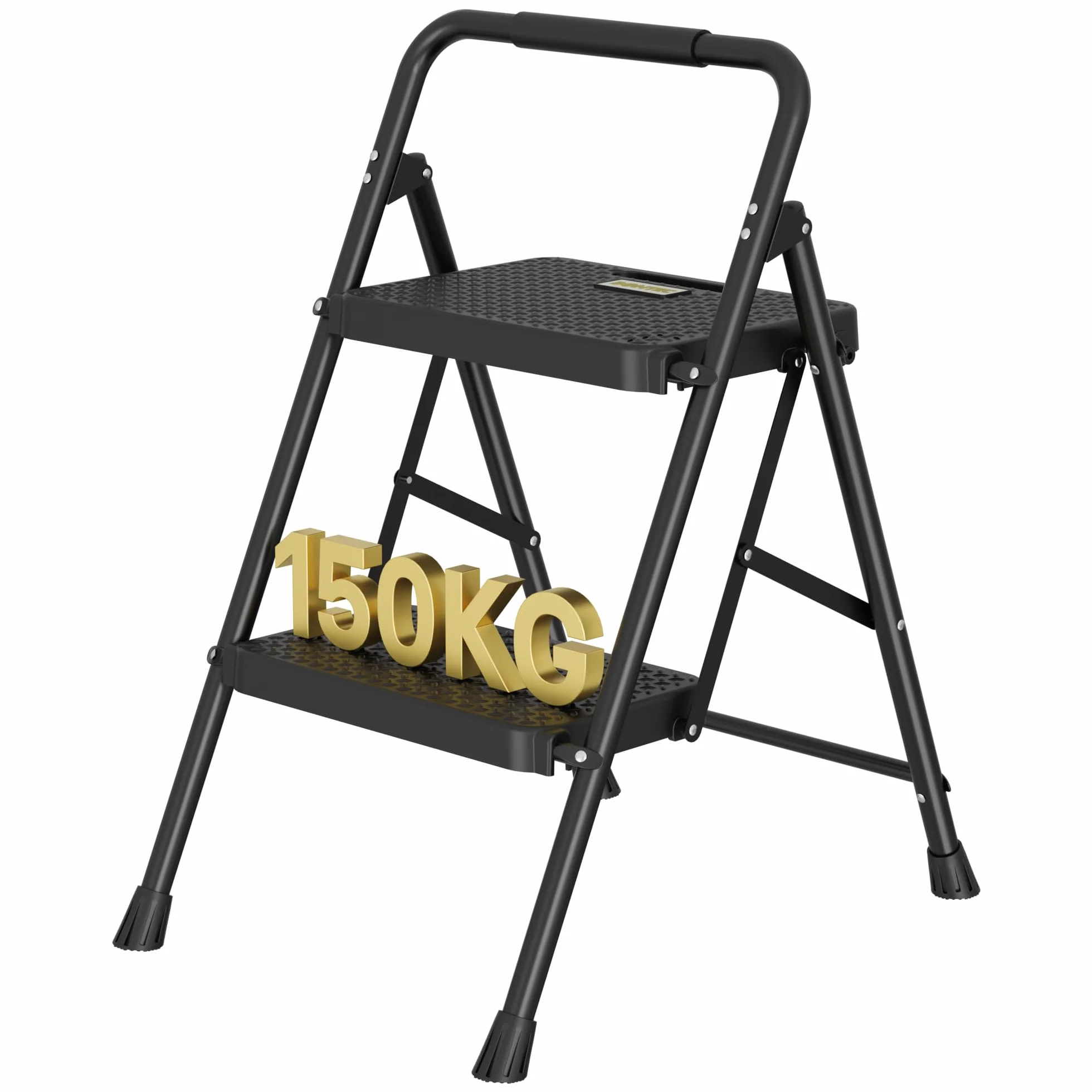 BONTEC Składana Drabina 2 Stopniowa, Udźwig 272 kg, Stalowa Drabina z Antypoślizgowymi Pedałami, Przenośna, Do Użytku Wewnętrznego i Zewnętrznego, Czarna, Stabilna i Wytrzymała Konstrukcja