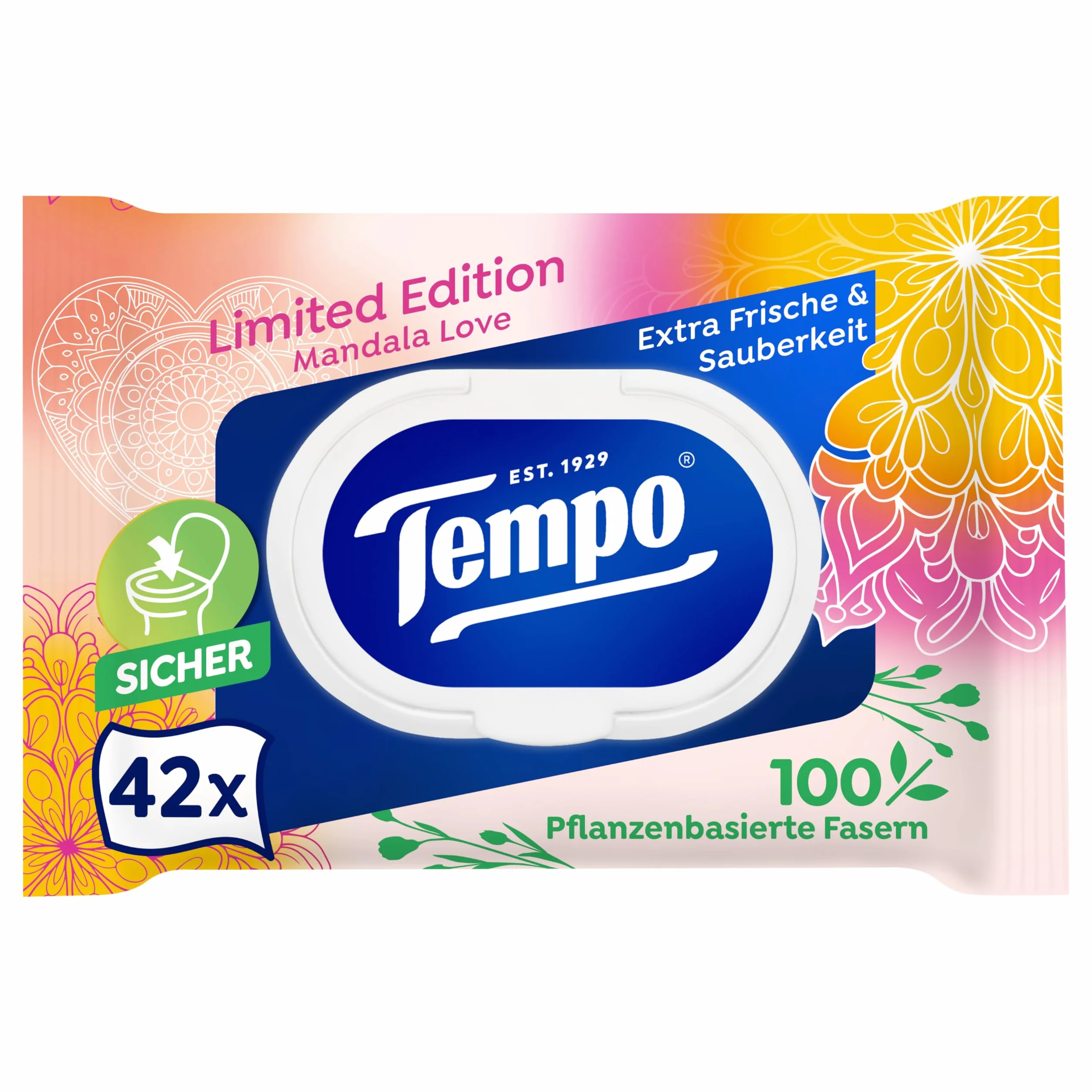 Tempo Mein VerwöhnMoment Limited Edition mokry papier toaletowy – zmieniające się wzory, bez barwników, możliwość ponownego zamknięcia, opakowanie ekonomiczne, 16 x 42 chusteczki nawilżane