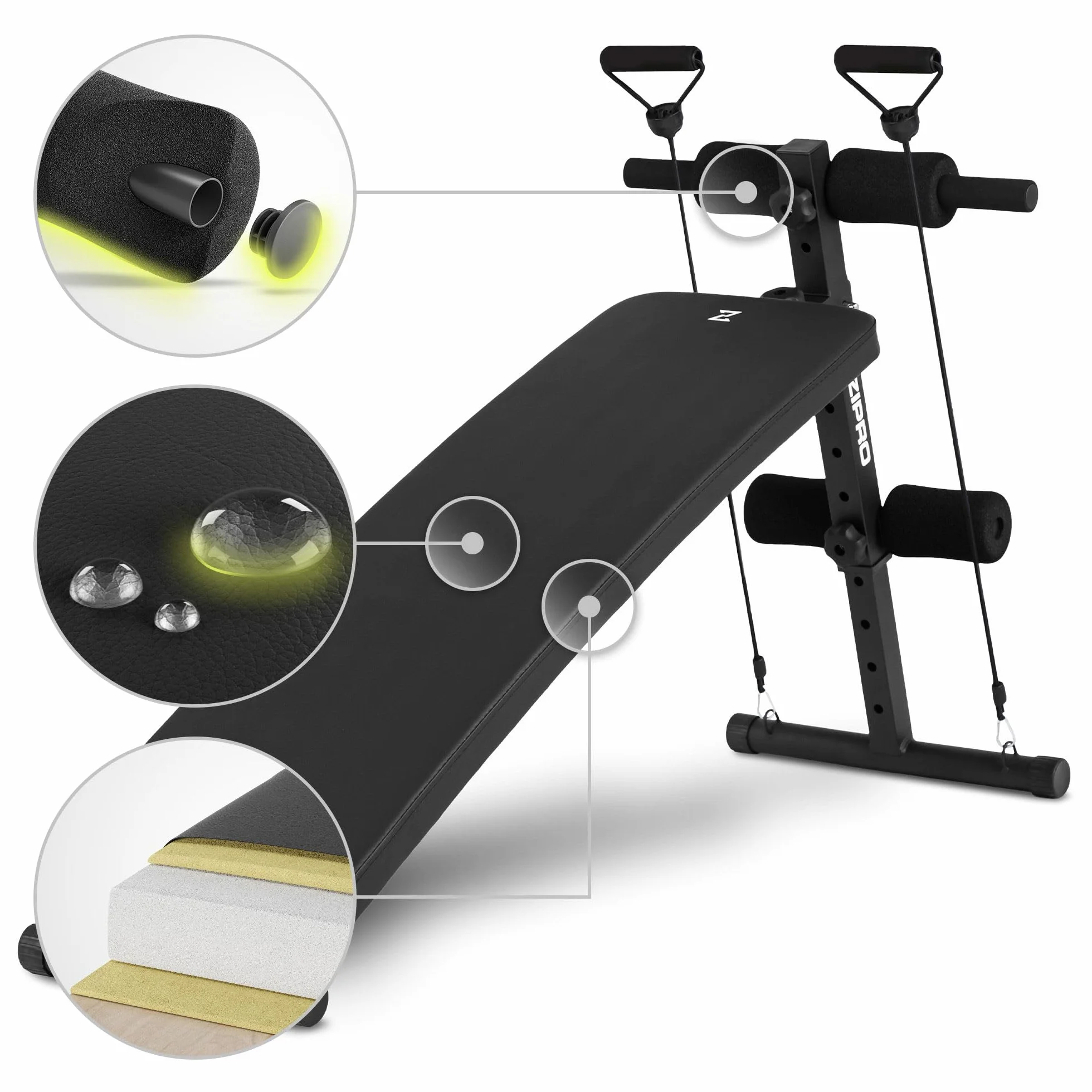 Zipro Sit Up Slant, ławka do fitnessu z 5-stopniową regulacją oparcia, ławka treningowa z 2 linami, obciążenie 200 kg, regulacja kąta 20-30 stopni