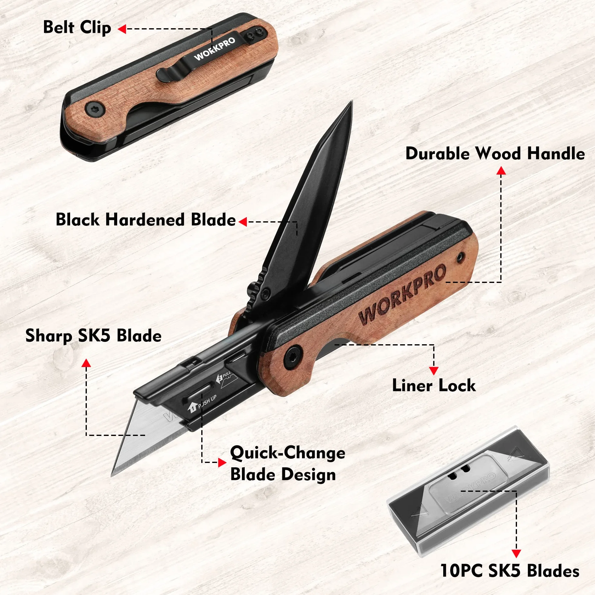 WORKPRO 2‑w‑1 Nóż Kieszonkowy, Składany Nóż Uniwersalny z Aluminium, Cutter z Drewnianym Uchwytem i Klipsem do Paska, Liner-Lock, Wraz z 10 Dodatkowymi Ostrzami