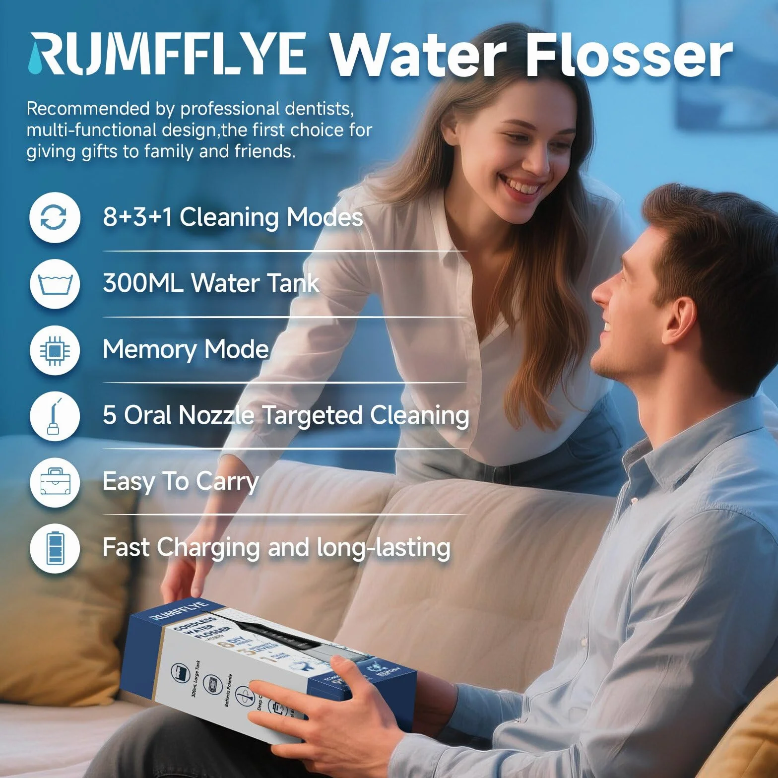 Munddusche Kabellos Elektrischer,Munddusche 8+3+1 Modi & 5 Multifunktions-Düsen,300ML Tank IPX7,Water Flosser für die Tiefenreinigung, geeignet für Reisen und die tägliche Pflege(Schwarz)