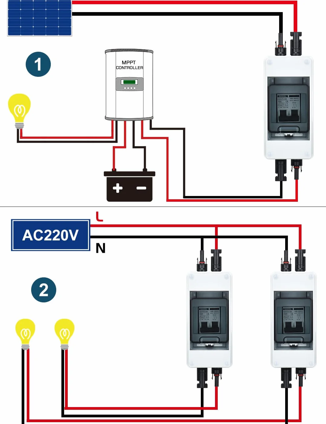 DIHOOL Odłącznik DC PV, wyłącznik nadmiarowy, automatyczny bezpiecznik, 2-biegunowy, 10A, 12V (12V-400V) z kablem, wtyczka solarna, IP65, wodoszczelna obudowa
