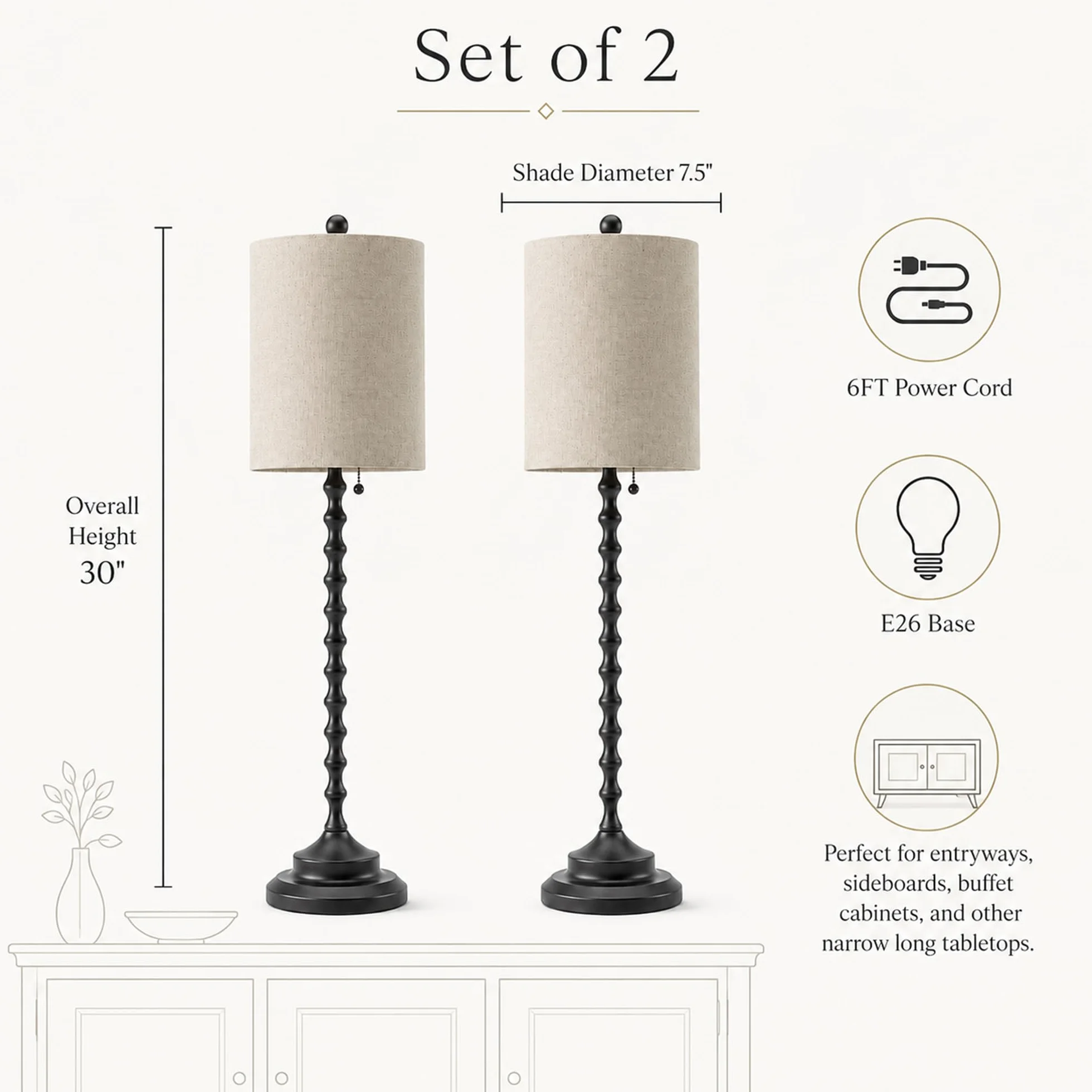 Lampy bufetowe, lampy stołowe o wysokości 5-76 cm z solidnymi metalowymi podstawami i teksturowanymi abażurami lnianymi – certyfikat UL, idealne do stworzenia przytulnego klimatu w salonach