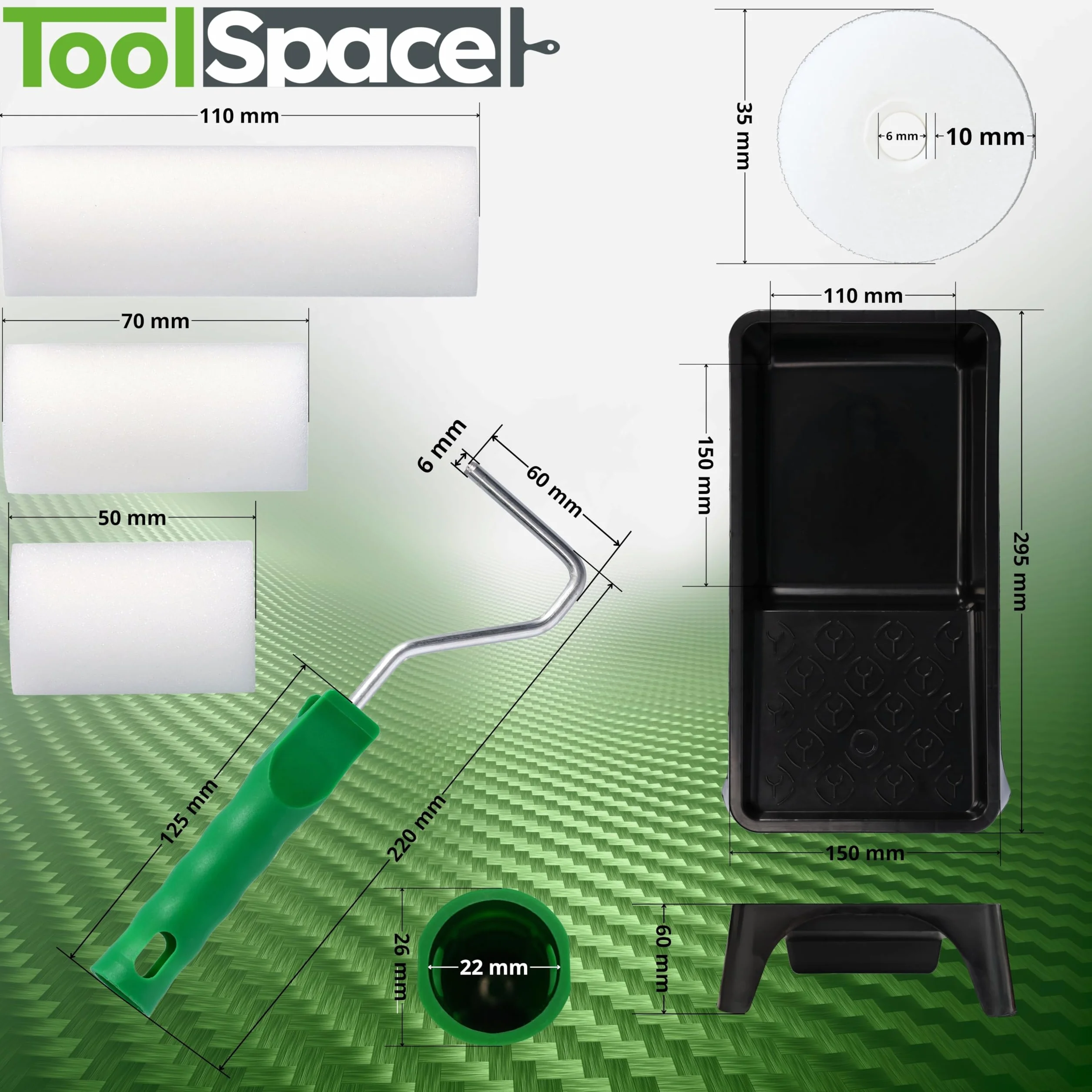 ToolSpace | ZESTAW MALARSKI | Wałek GĄBKOWY Moltopren 5cm, 7cm, 10cm rączka kuweta | Wałek malarski, do ścian, płaskich powierzchni, tacka na farbę