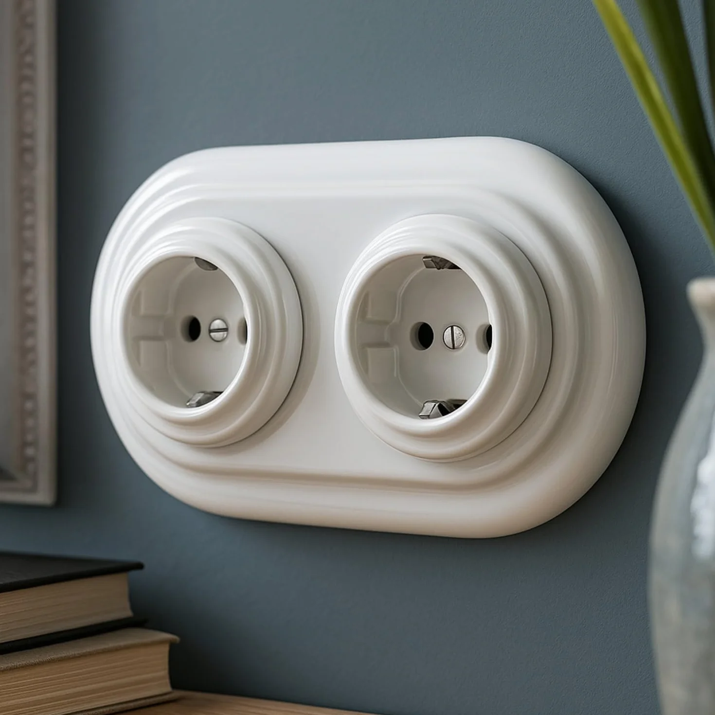Podtynkowe gniazdko porcelanowe retro 2-drożne, All-in-One, SET seria PR1 białe
