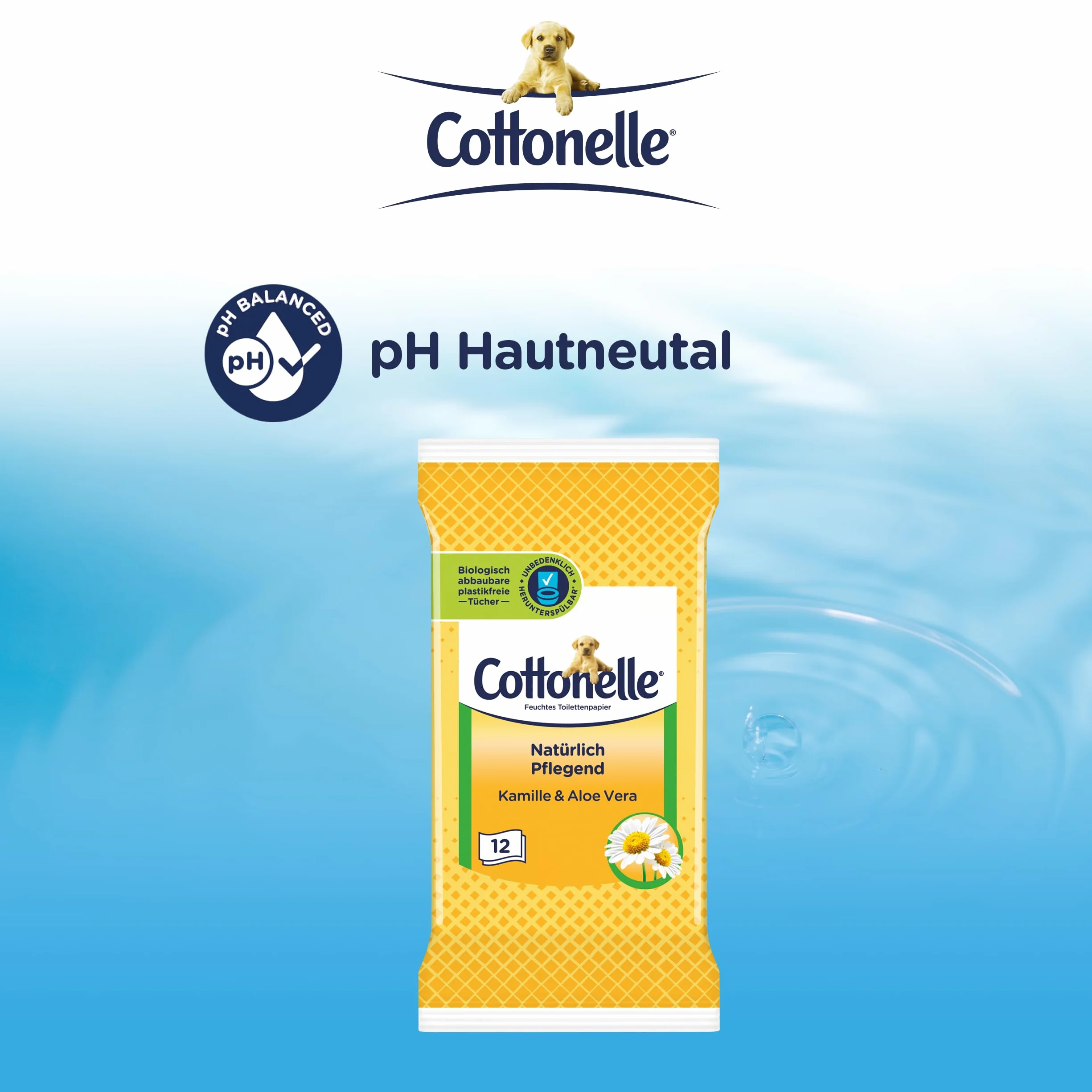 Cottonelle Wilgotny papier toaletowy do podróży, naturalnie pielęgnujący – rumianek i aloes, szybkie rozpuszczanie, 20 x 12 ściereczek, biodegradowalny