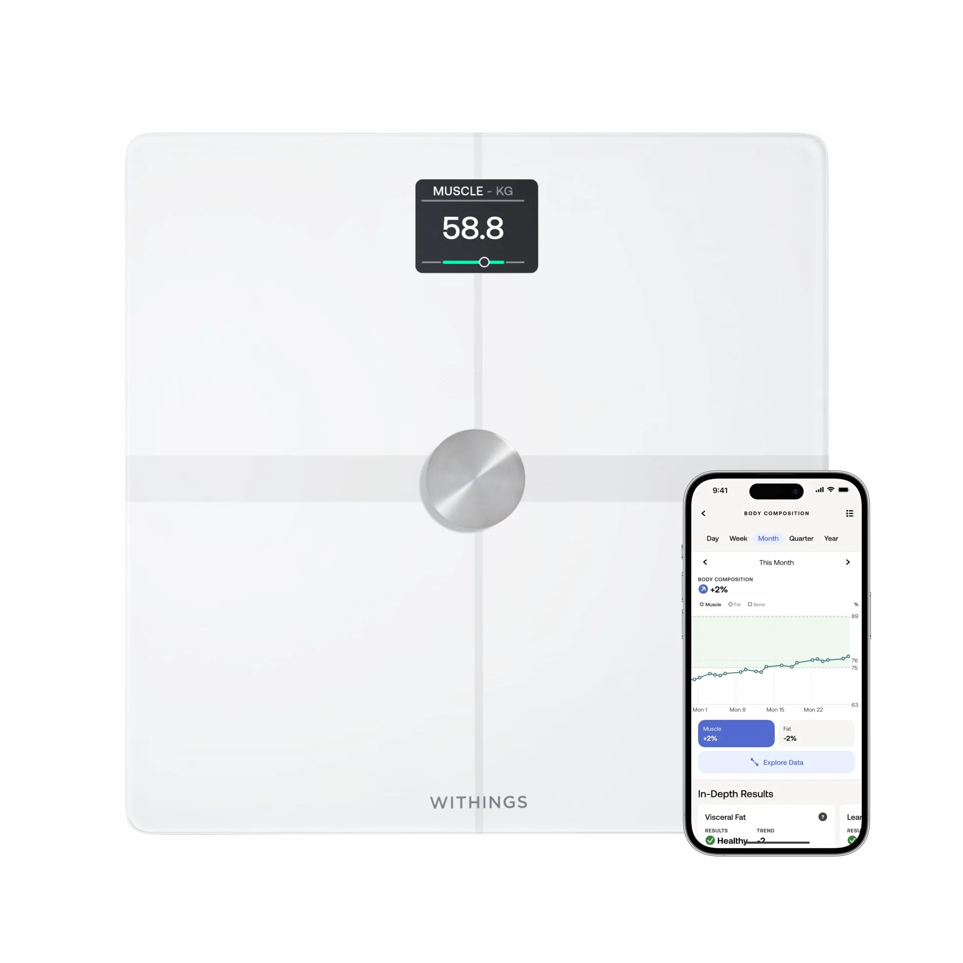 Withings Body Smart – waga z Wi-Fi i Bluetooth z funkcją analizy składu ciała, kolorowy ekran. Biała