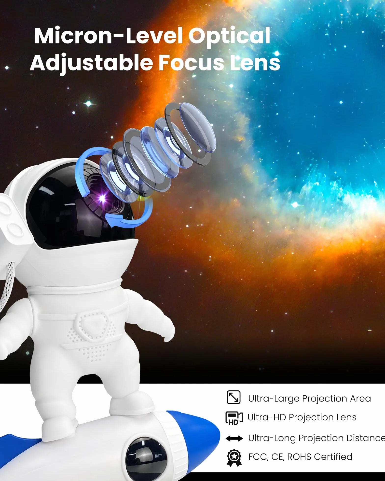 MERTTURM HD Projektor Planetarium Astronautów, Projektor Galaktyki do Sypialni, Wymienne HD Dyski 13 Filmów i Regulowany Obiektyw, Lampka Nocna Rakieta, Zegarowa Lampa Sufitowa
