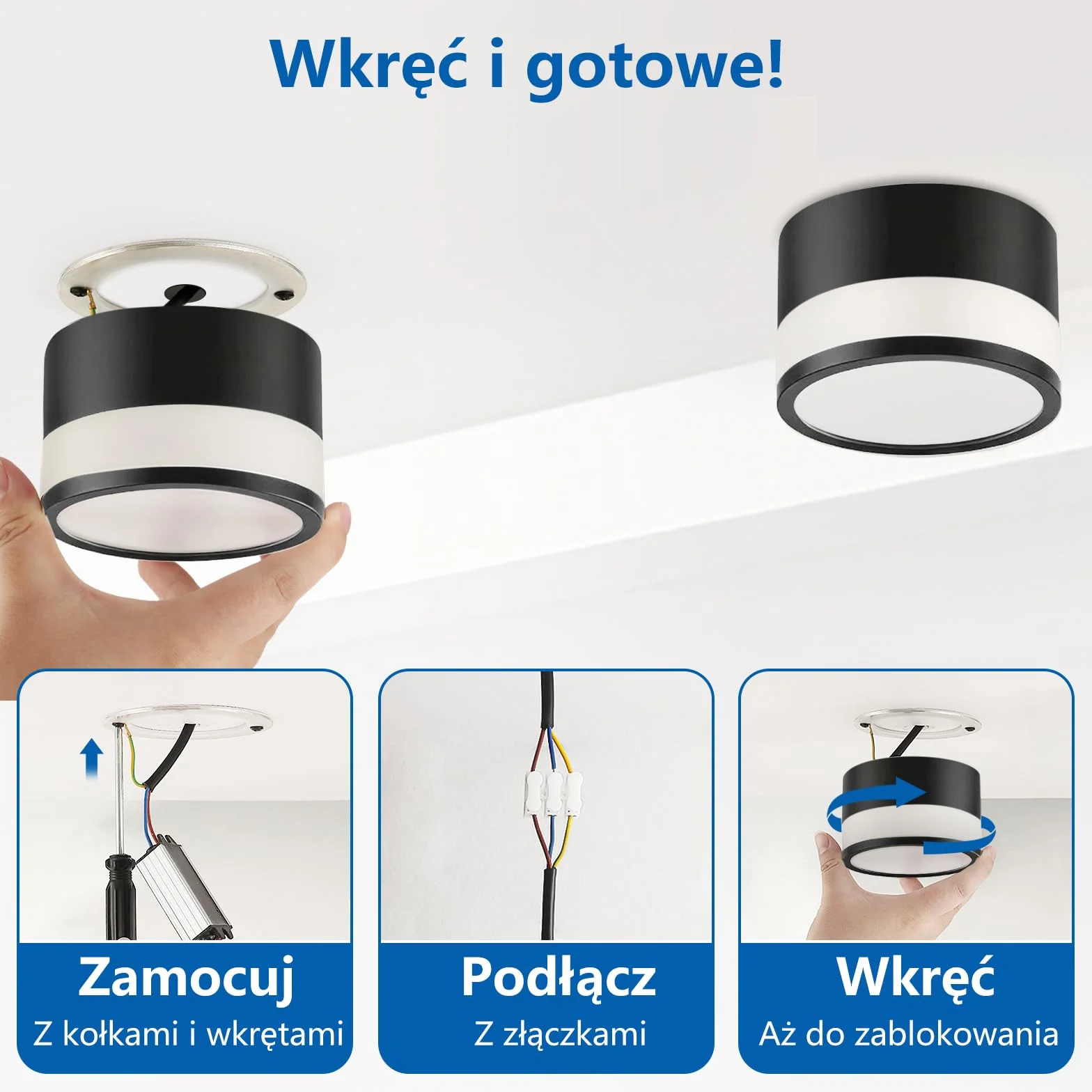 2 szt Reflektor Natynkowy Czarna IP44 Wodoodporna, Do Łazienki, Kuchni, Salonu i Holu, LED Ciepła Biel 3000K, 12W 1100LM, Oświetlenie 230V dla Pomieszczeń Wilgotnych