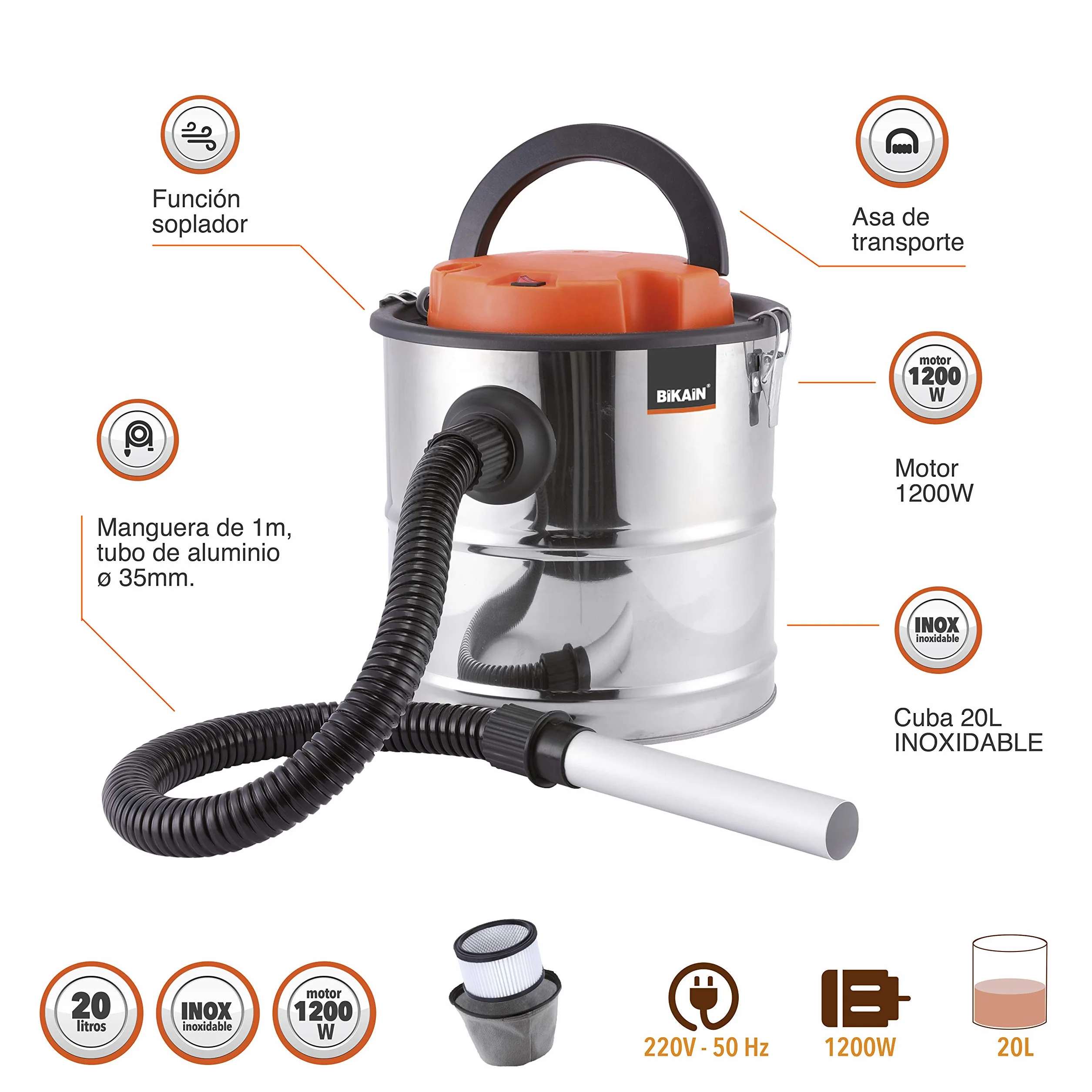 Bikain di1200inox – odkurzacz do popiołu 1200 W, 20 l, Kuba stal nierdzewna, kolor srebrny