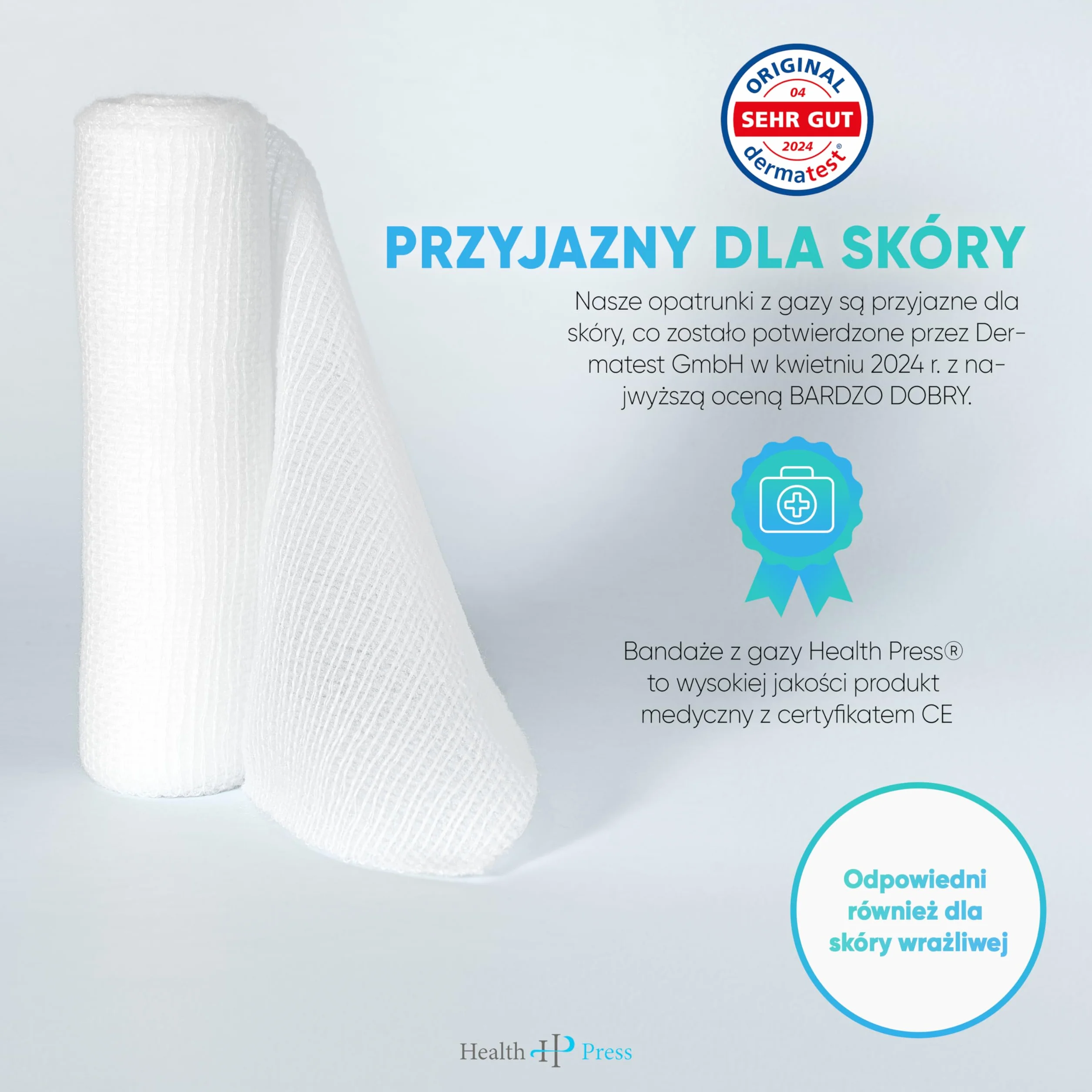 Health Press Bandaż z gazy – materiał opatrunkowy (8 cm x 4 m), 20 rolek – elastyczny – produkt medyczny – testowany dermatologicznie – mocujący – idealny do pierwszej pomocy