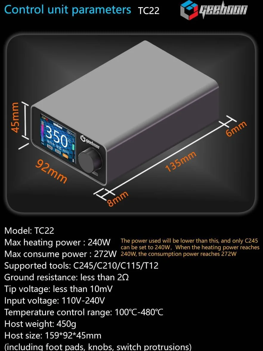GEEBOON TC22 Zestaw lutownicy, lutownica 220 W, kompatybilna z kolorowym wyświetlaczem krzywej końcówki 115/210/245/T12 (T245 i T210, SDC02)
