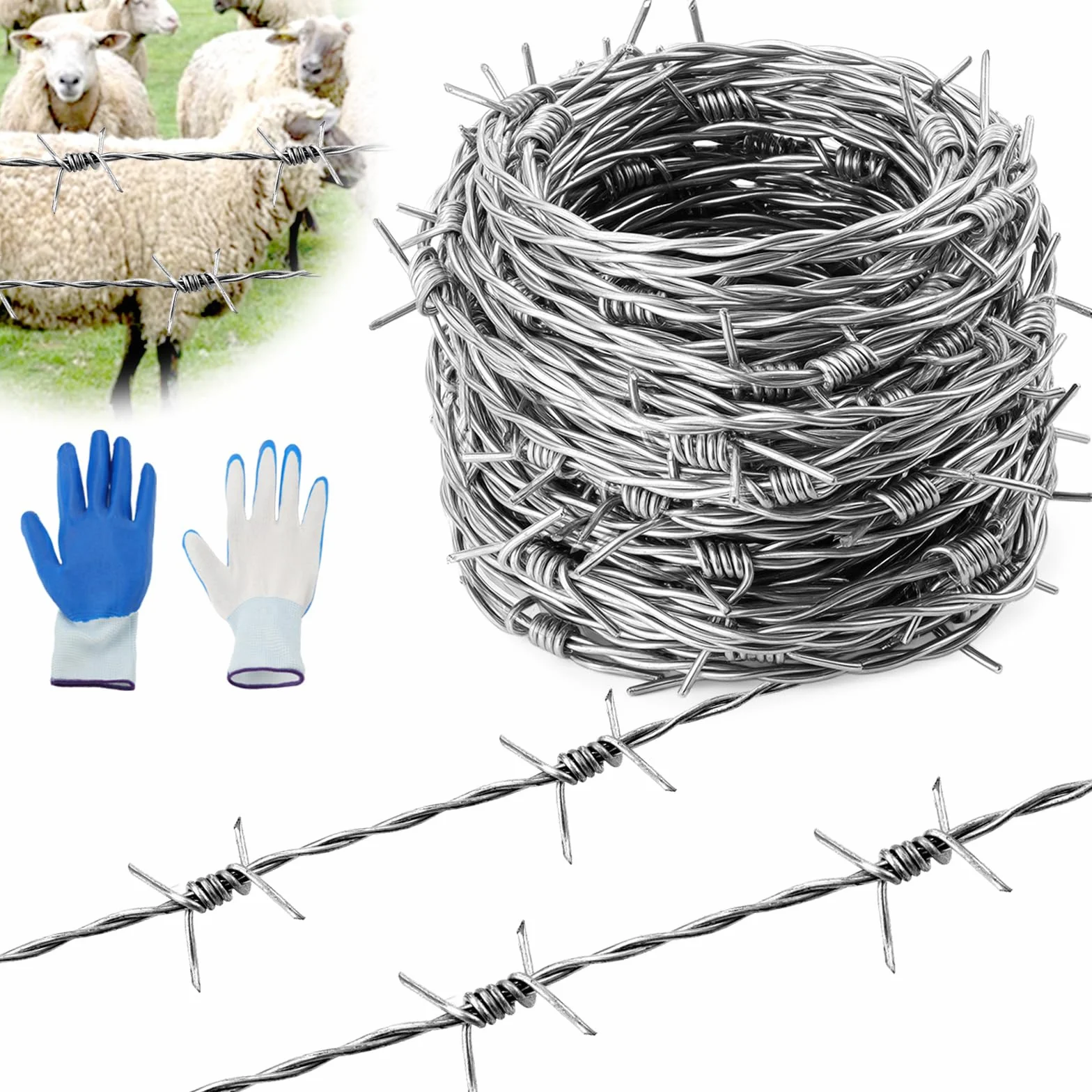 Mbsomnus Drut kolczasty 1,8 mm x 9 m, rolka z drutu kolczastego, ocynkowana ogniowo, z rękawiczkami, kolce, na pastwisko, ogrodzenie, ogrody, balkon, podwórko, ściany, DIY, rękodzieło, kij baseballowy