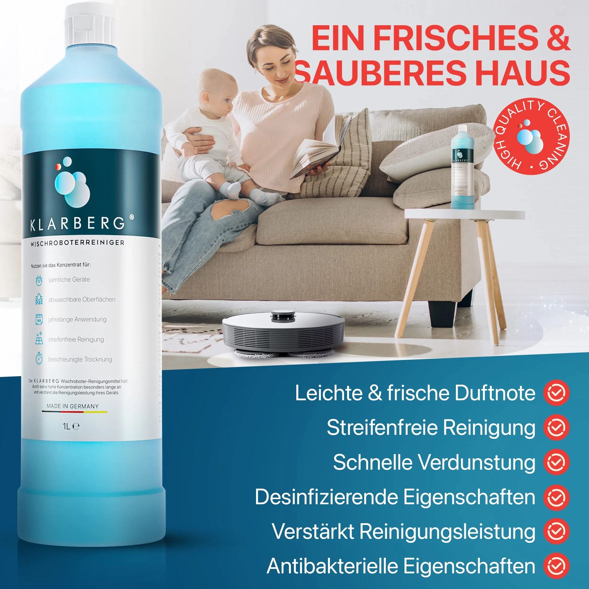 KLARBERG® 4 x 1 l środek do czyszczenia podłóg, koncentrat 1:100, świeży zapach z naszym środkiem czyszczącym do odkurzacza I środek czyszczący do robota odkurzającego, laminatu, płytek