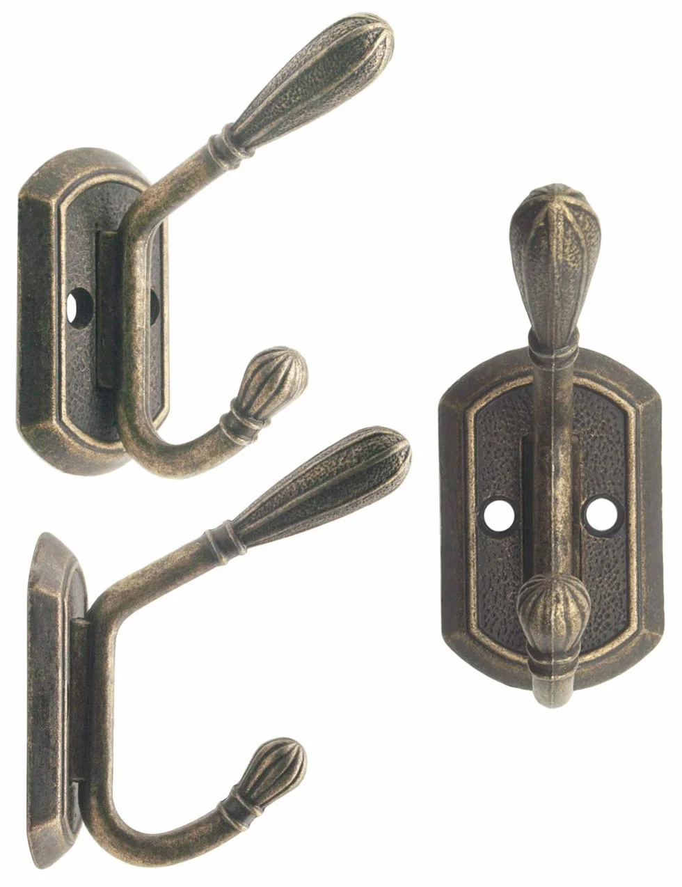FUXXER® – klasyczne wieszaki na ubrania, podwójne haki, wieszaki na ubrania, żelazne haki, metalowe haczyki, żeliwne wzornictwo, styl vintage, styl dworkowy, 60 x 50 mm, zestaw 5 sztuk, brąz