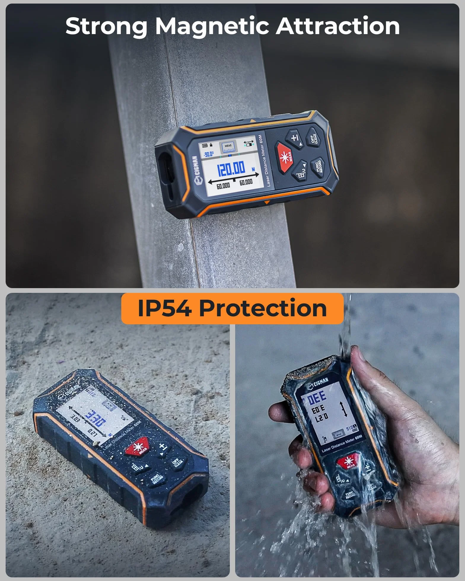 Cigman Laser Protection dwustronne, do maks. 120 m (do maks. 60 m w każdym kierunku), miernik odległości lasera, USB, akumulator, cyfrowa droga wodna, Bach z Resiblable 850 mAh