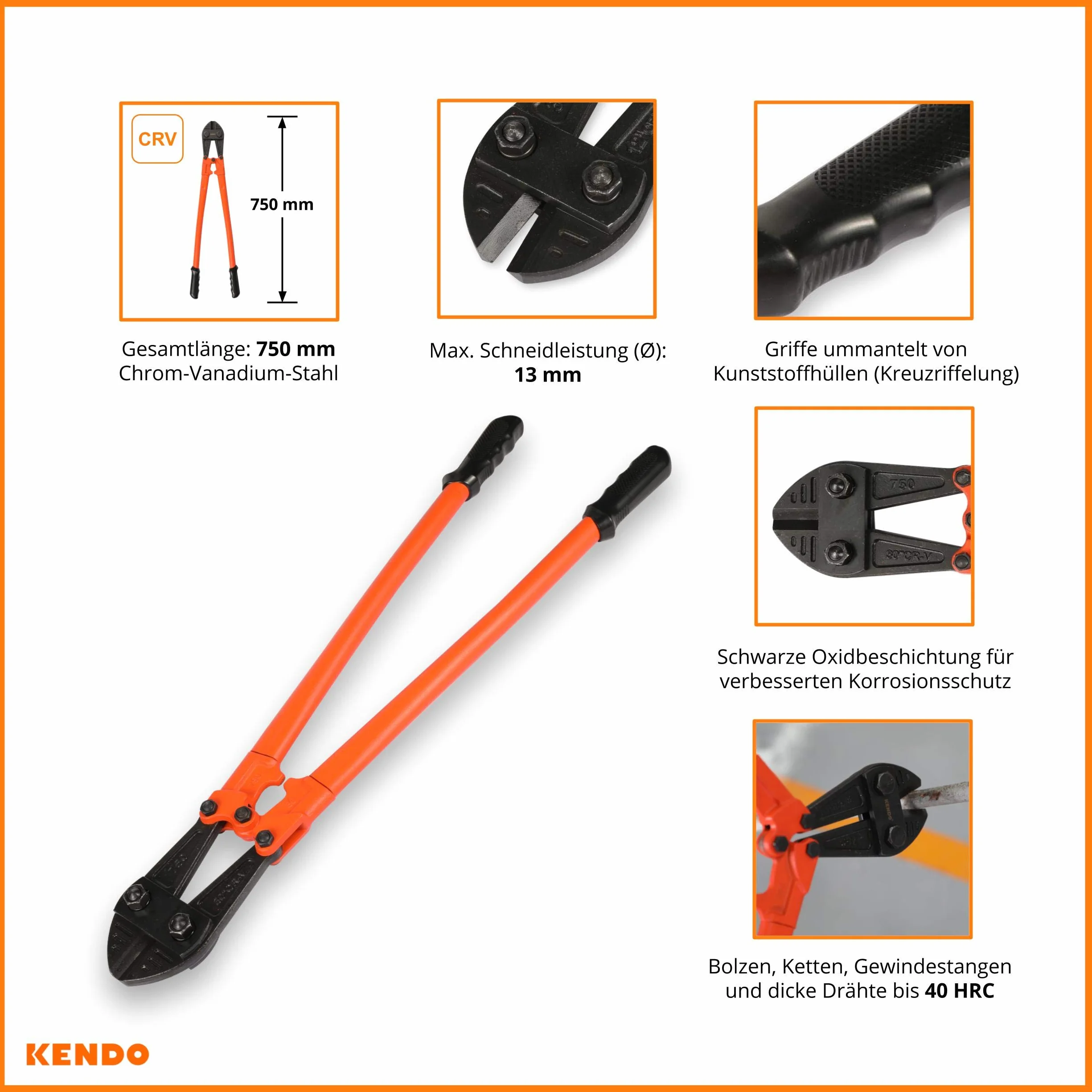 KENDO Nożyce do cięcia sworzni – długość: 750 mm – wydajność cięcia (Ø): maks. 13 mm – 40 HRC – specjalnie hartowane krawędzie tnące – wysokiej jakości stal chromowo-wanadowa