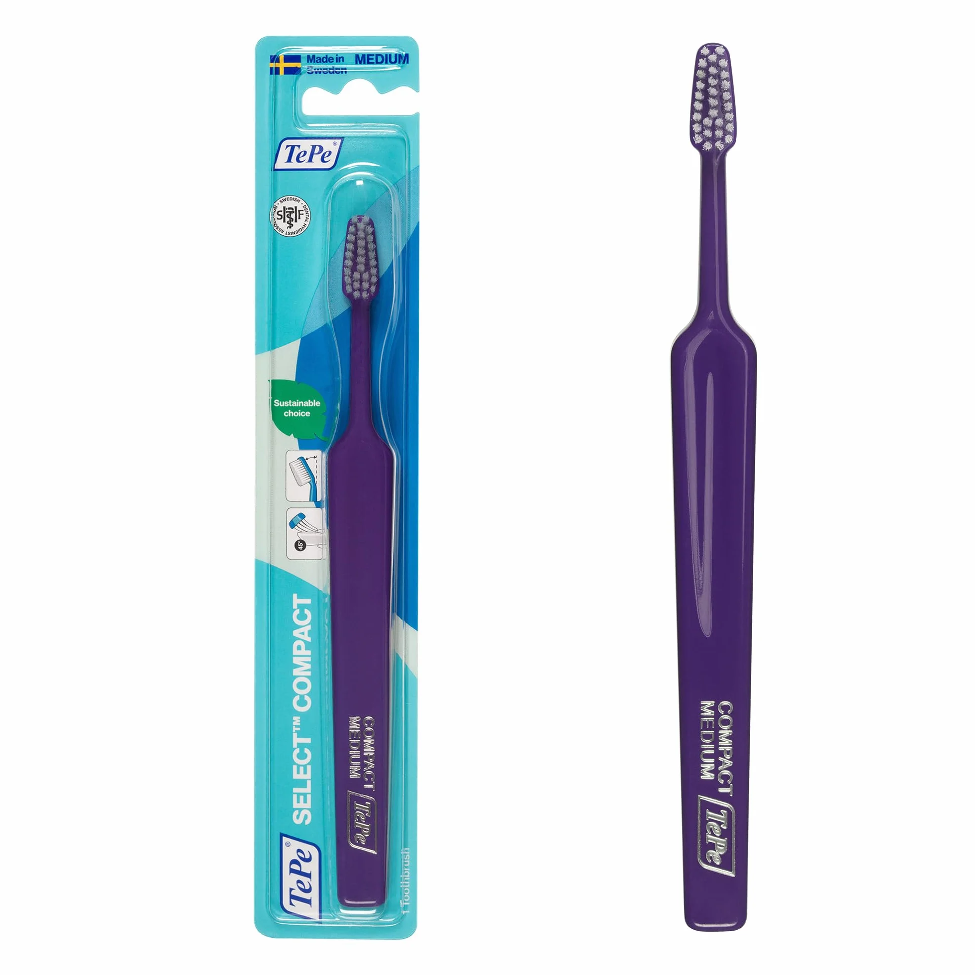 TePe Select Compact Toothbrush, Medium, 1pc, efficient and easy access cleaning with tapered brush head, toothbrush medium for adults