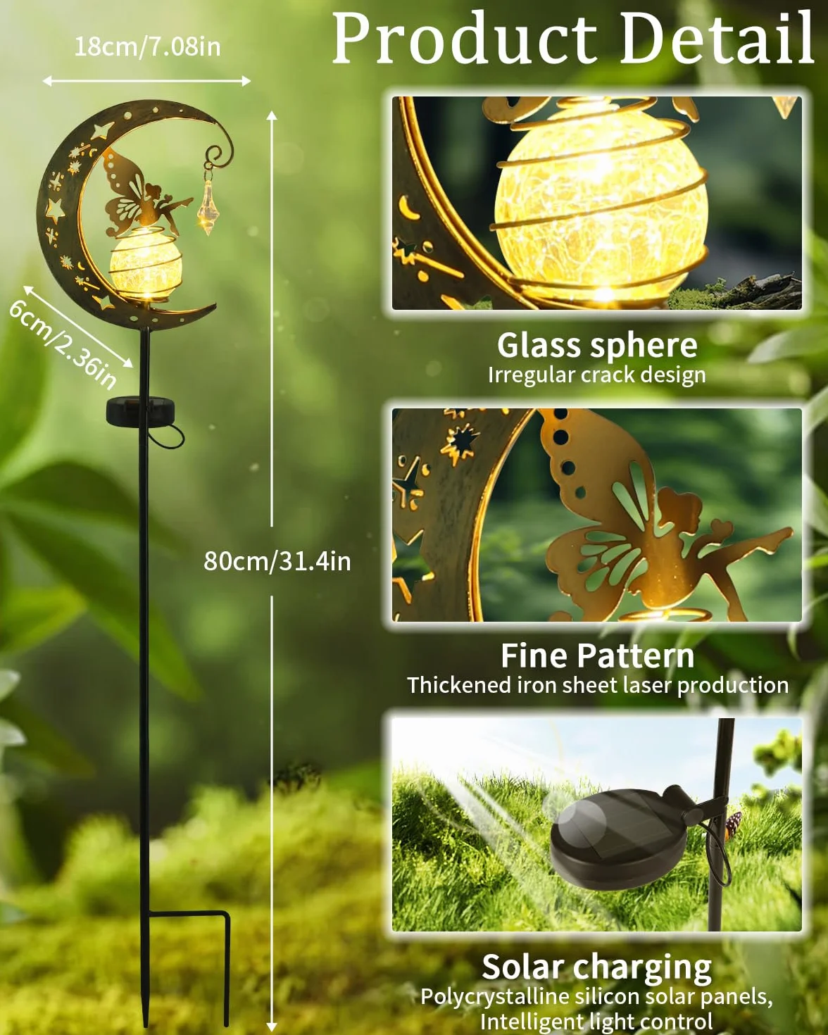 Moon Solar Lights Dekoracja tarasu ogrodowego,Elf/Flower Fairy Wodoodporna lampa słoneczna,Metalowe figurki ogrodu Dekoracja ogrodu,Zewnętrzna lampa słoneczna na zewnątrz,Na taras Balkon Pile Path