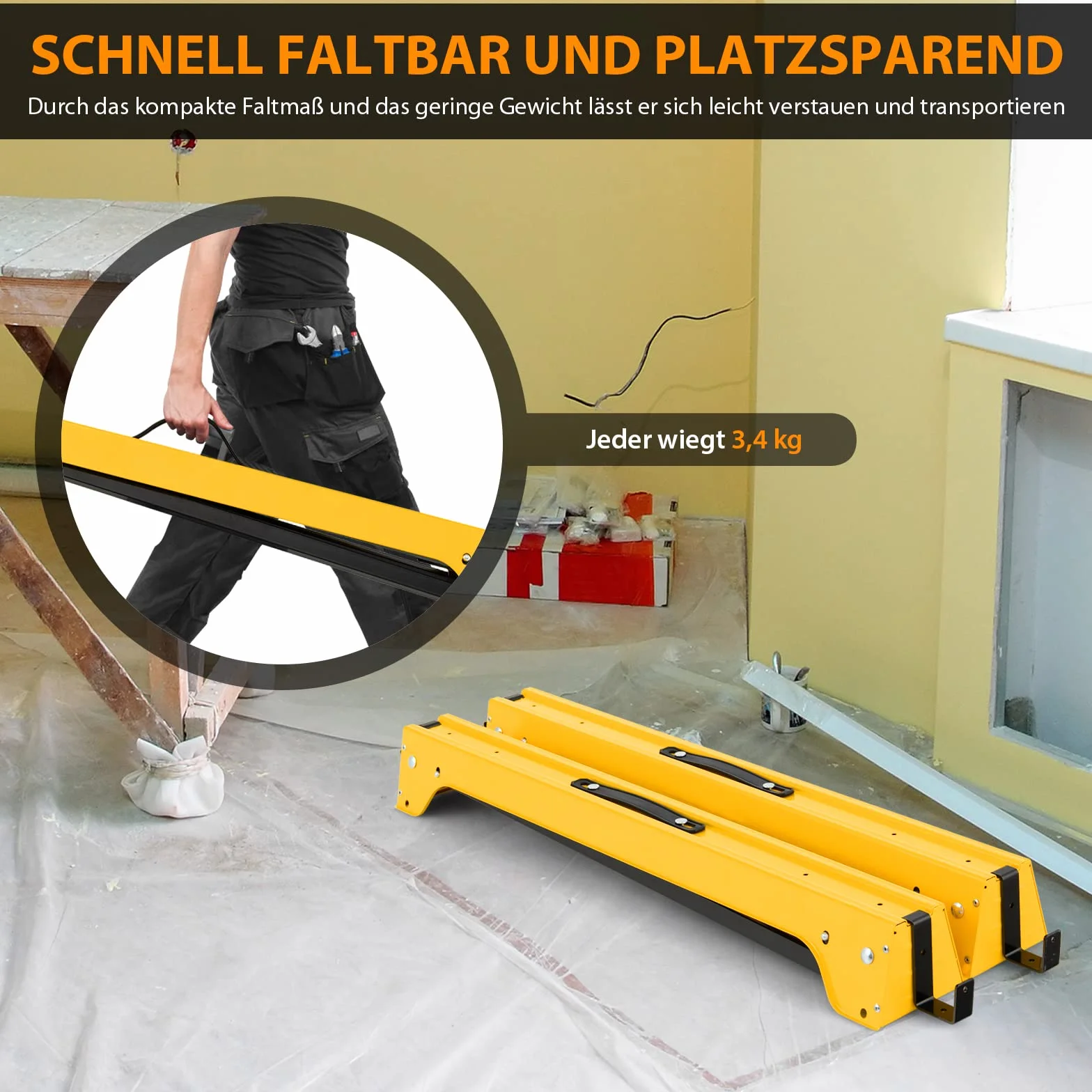 COSTWAY Kozioł do rusztowania, składany kozioł do 600 kg, składany kozioł roboczy z uchwytem, kozioł podporowy do piły, metalowy kozioł warsztatowy, kozioł do piły, konik do piły (żółty)