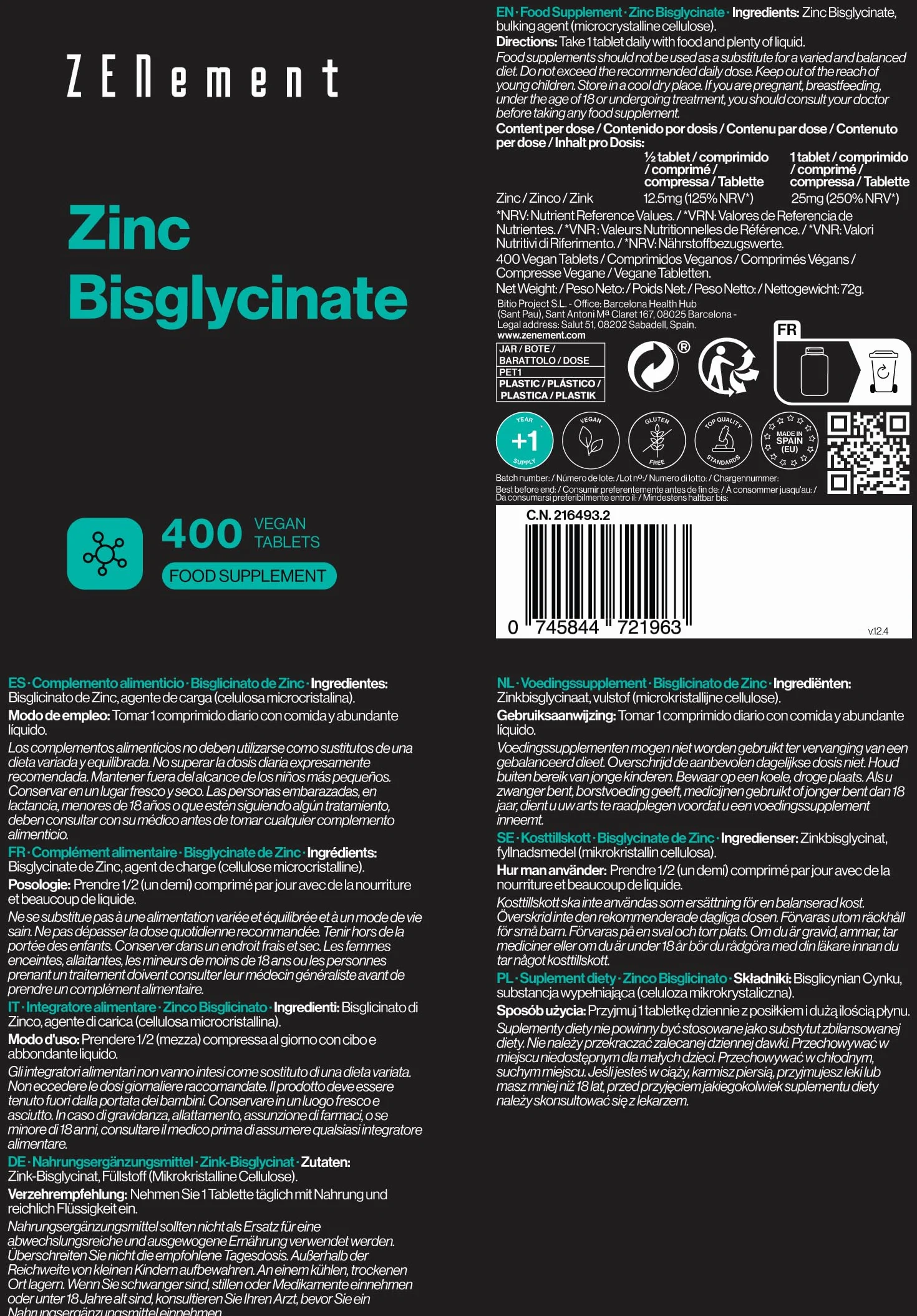 Cynk 25 mg, wegański, wysoka dawka | 400 tabletek (zapas na 1 rok), wysoka biodostępność, bisglicynian cynku | przeciwutleniacz, wspomaga układ odpornościowy, skórę, włosy i paznokcie | Zenement