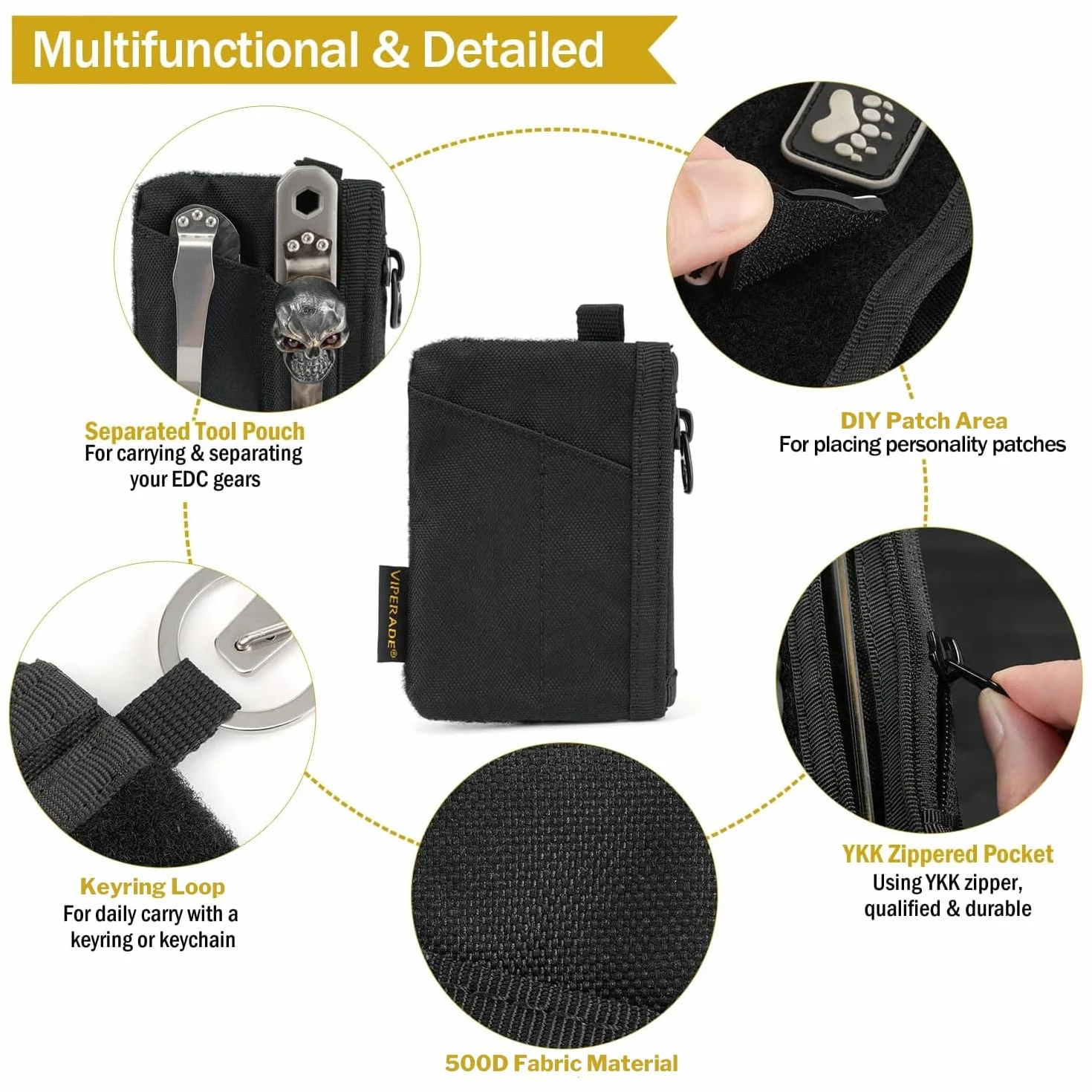 VIPERADE VE17 Mały woreczek EDC, organizer kieszonkowy EDC z obszarem naszywki DIY, mini woreczek EDC z kieszenią na zamek błyskawiczny, mała kieszeń na karty, 2 przegródki na EDC (czarna)