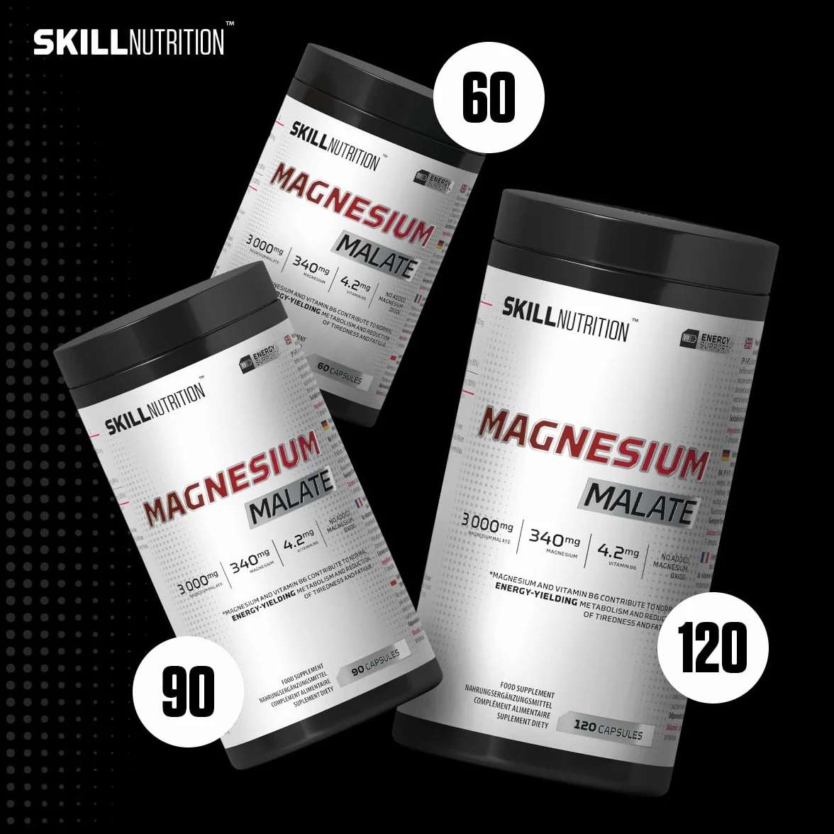 Skill Nutrition Magnesium Malate + Vitamin B6 120 kapsułek 340 mg magnezu 3000 mg jabłczanu magnezu B6 P-5-P