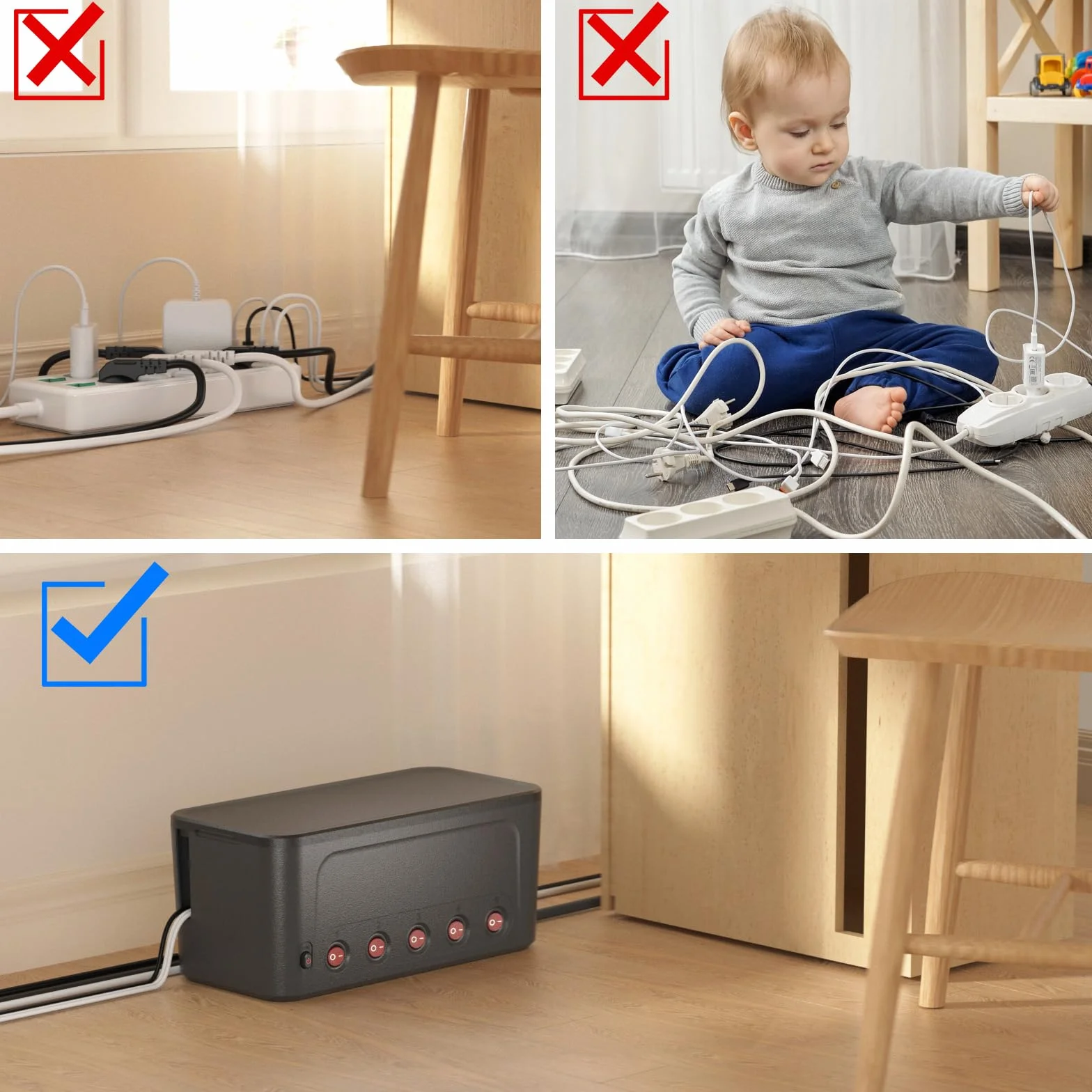 Skrzynka na Kable z Listwą Zasilającą USB C,Duża Skrzynka Kablowa Rozgałęziacz do Wielokrotne Gniazdka z przełącznikiem,Zarządzanie Kablami na Biurku,Porządkowanie Kabli,Przedłużacz 1,5 m,Czarna