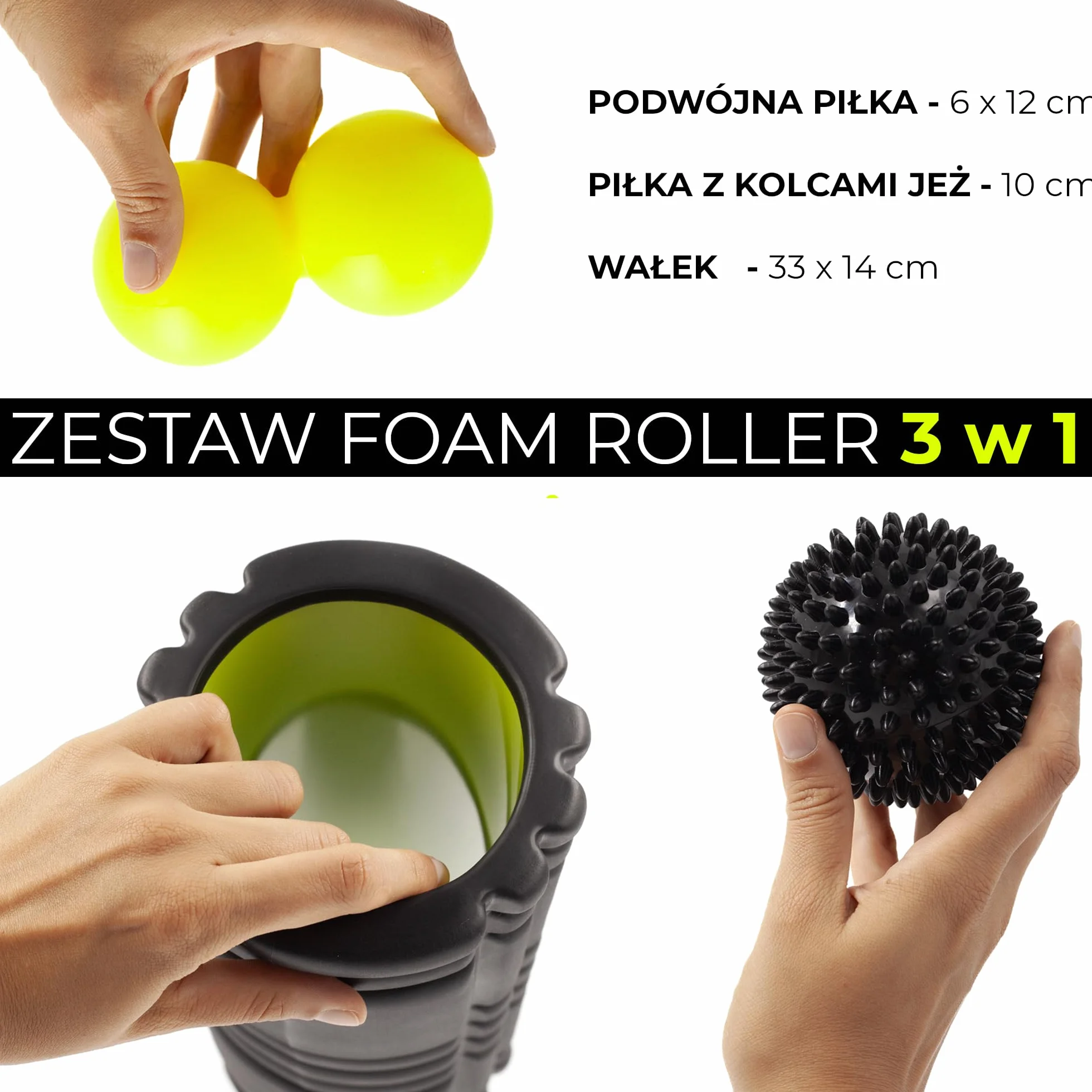 KALAHARI Zestaw Foam Roller 3 w 1 plus Ebook z ćwiczeniami - Wałek do masażu powięzi, Podwójna Piłka, Piłka z kolcami Jeż i wygodna Torba - Terapia Punktów Spustowych i Masaż Mięśniowo-Powięziowy