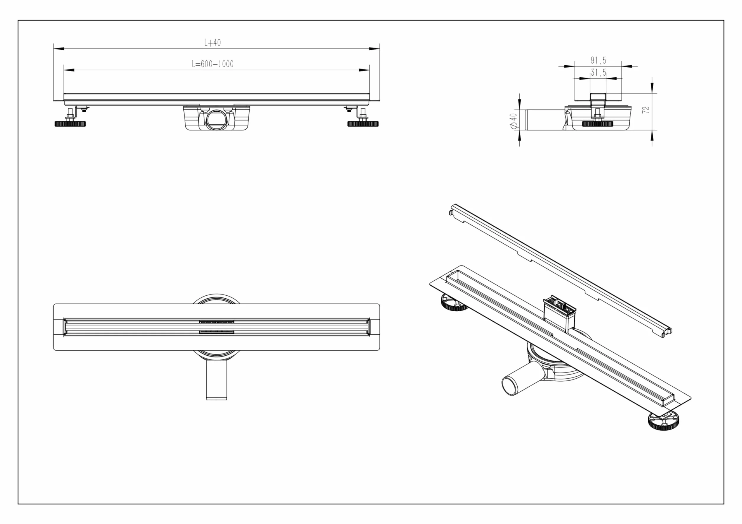 BERNSTEIN Odpływ liniowy odpływowy 600cm do kabiny prysznicowej, brąz, kompletny zestaw, odpływ prysznicowy Odpływ ścienny ze stali nierdzewnej FlexM03 do łazienki