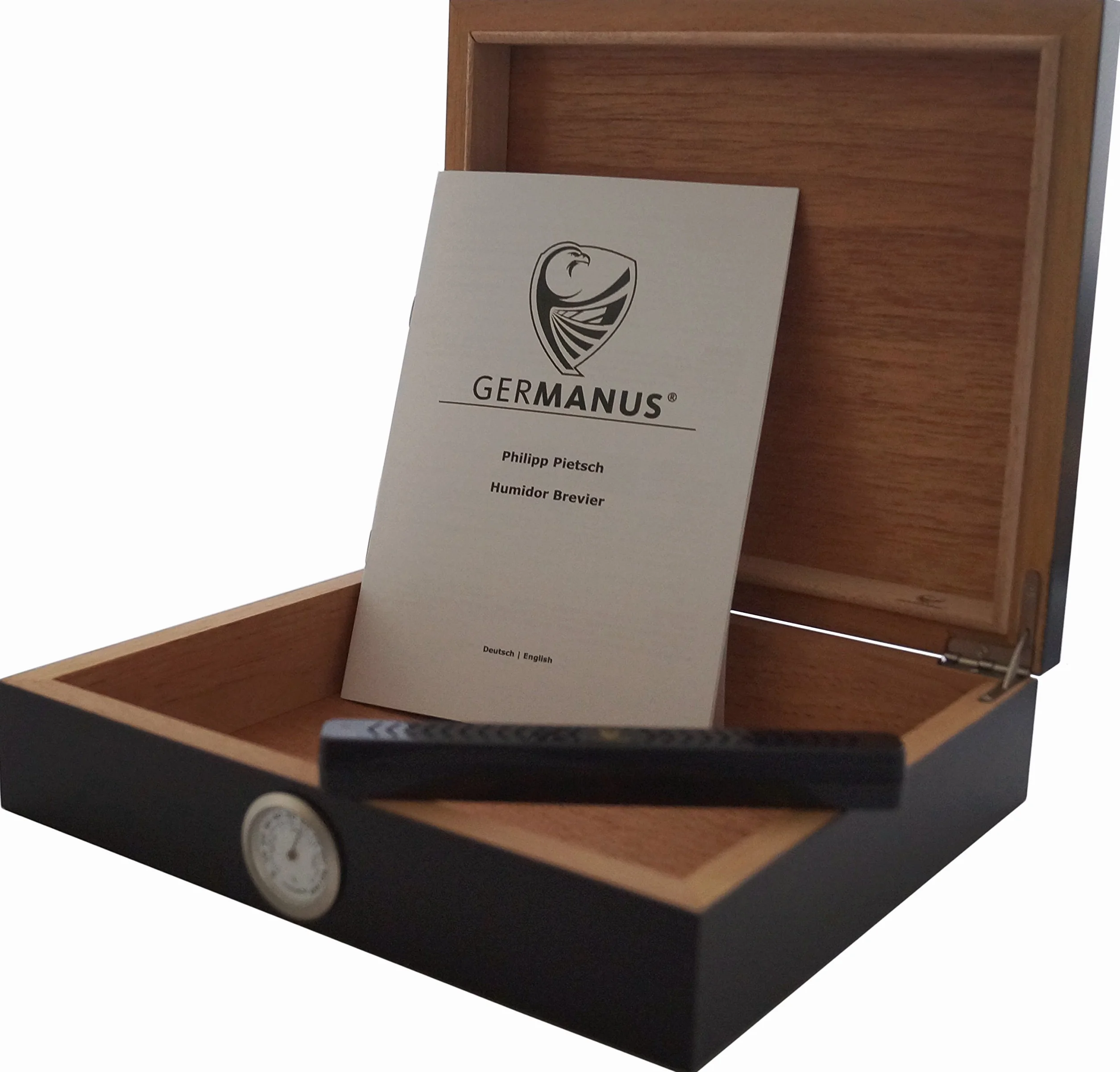 GERMANUS Humidor Movella w kolorze czarnym z nawilżaczem, higrometrem i instrukcją obsługi