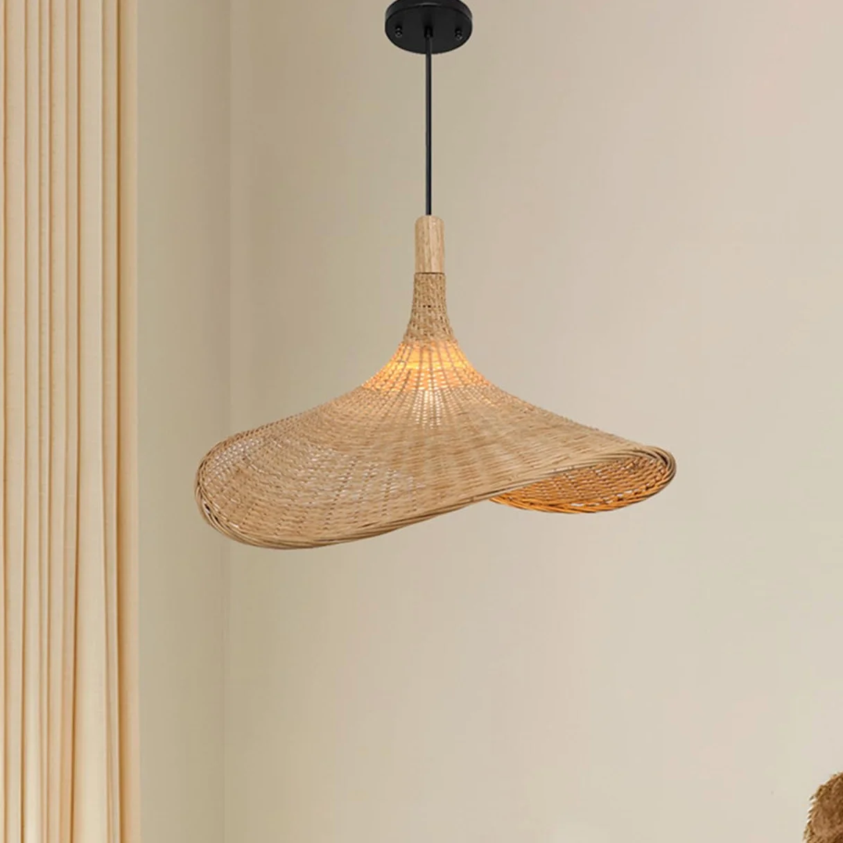 Żyrandol w stylu wiejskim, duży beżowy bambusowy klosz - unikalne zawieszenie w stylu vintage z bambusowym kloszem wiklinowym, ręcznie robione lampy sufitowe na wyspę kuchenną