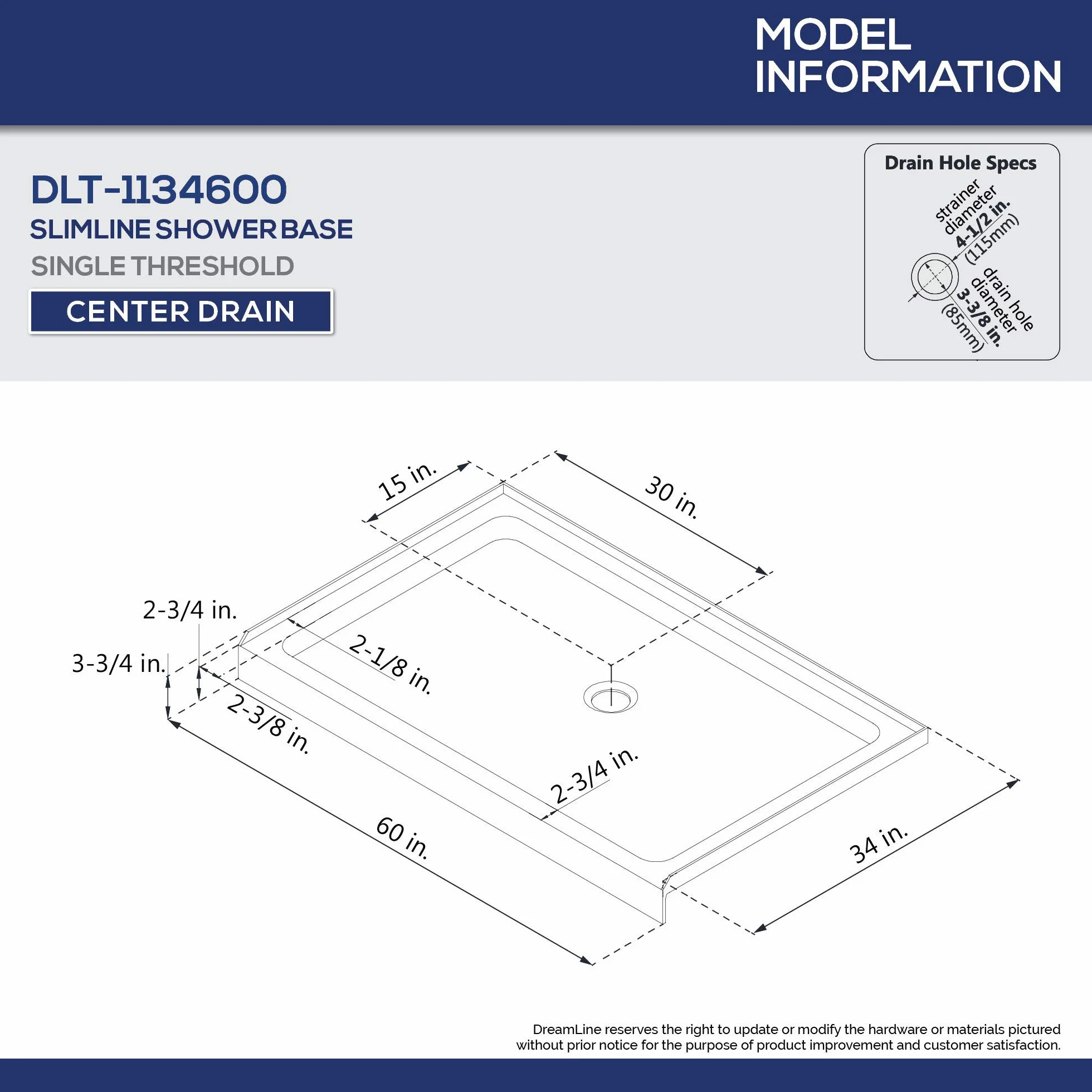 DreamLine DLT-1134600-T44 Slimline 86.4 cm śr. x 152.4 cm szer. x 2 3/10.2 cm. Środkowy odpływ pojedynczy próg Podstawa prysznicowa w kolorze łupkowym szarym