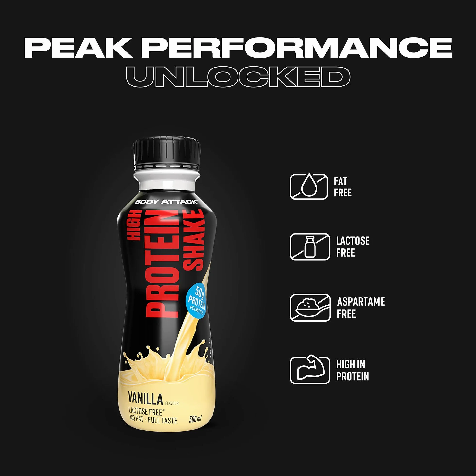 Body Attack High Protein Shake, 50 g, niskokaloryczny shake fitness z białkiem mleka dla rozwoju mięśni, gotowy do picia w podróży, wanilia (12 x 500 ml)