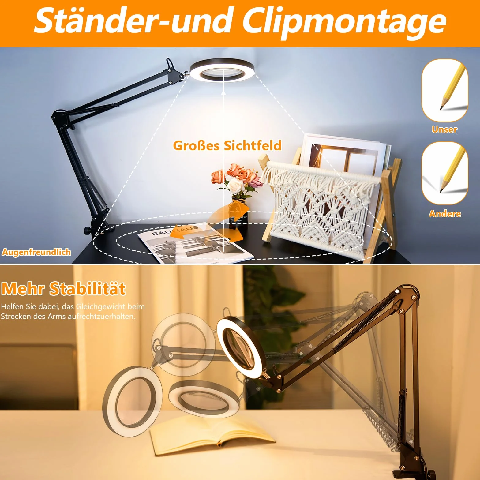 Lampa LED z lupą, 10 x lampa z lupą z zaciskiem, lampka do czytania, 3 tryby kolorów, 10 poziomów jasności, ściemniana, lampa biurkowa z lupą do czytania, hobby, majsterkowania, dla seniorów