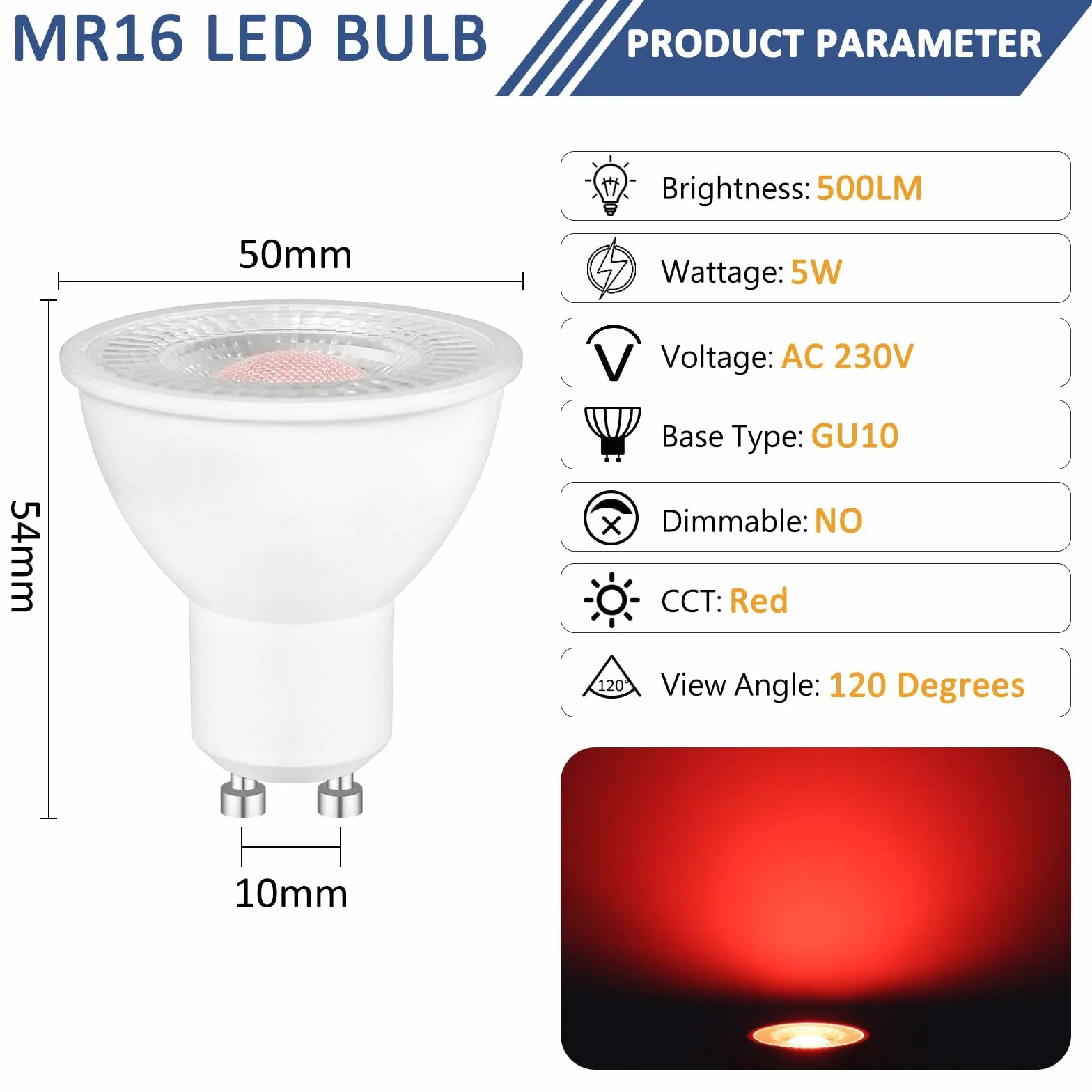 Caldarax 2 Sztuka Czerwona Żarówka LED GU10 5W Spot, Odpowiedniki 50W Halogen, MR16 Reflektory 230V, 500LM, Kąt 120°, Nie Ściemnianie, Dekoracyjne Oświetlenie krajobrazu, Etap, Bar, Impreza