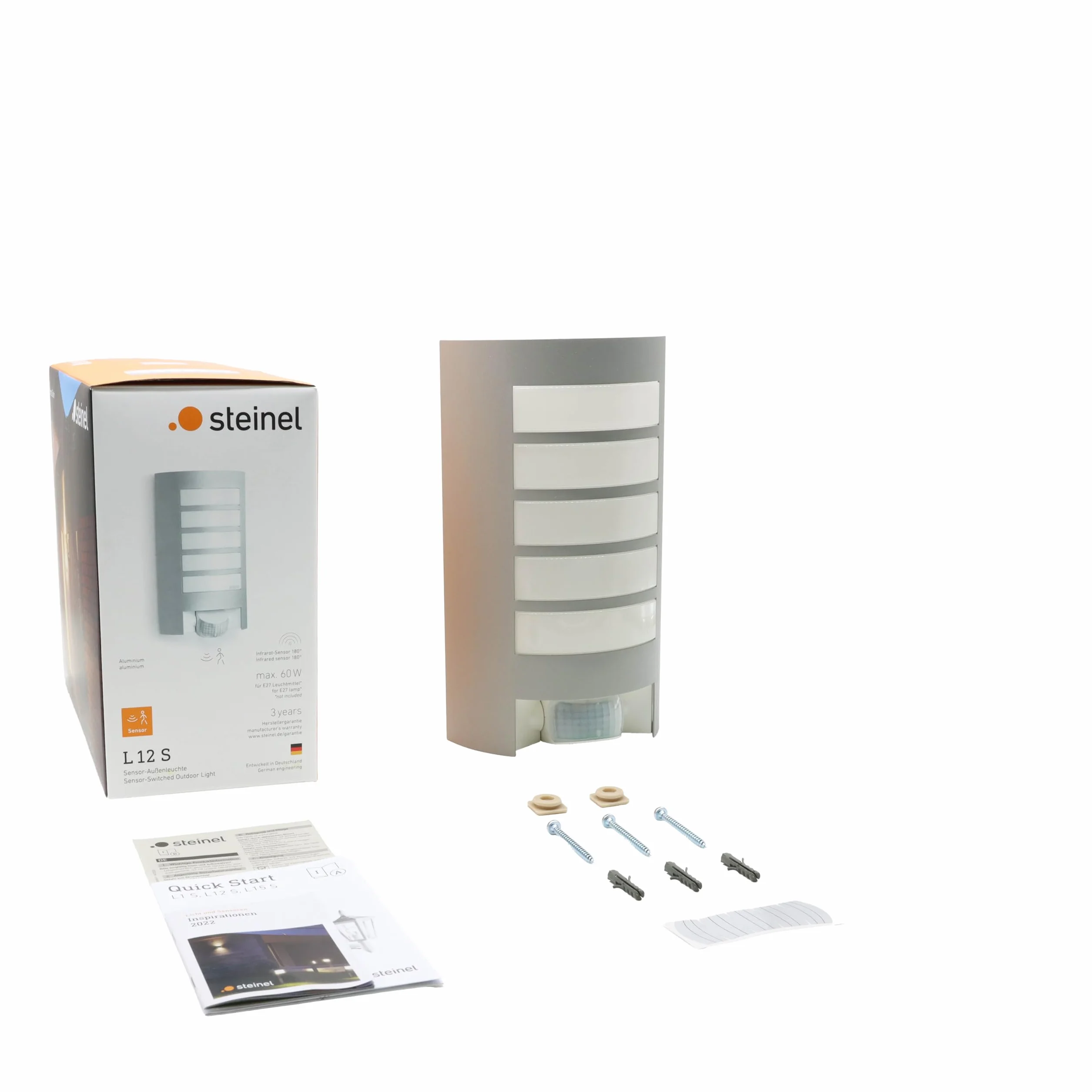 Steinel Lampa zewnętrzna L 12 S srebrna, czujnik ruchu 180°, zasięg 10 m, solidna aluminiowa osłona, E27, maks. 60W, kinkiet