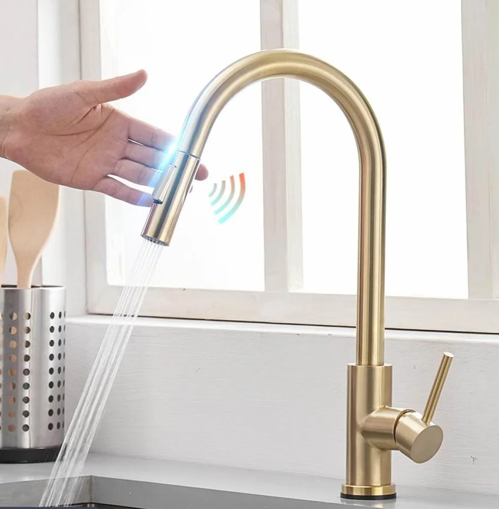 Smart Touch bateria kuchenna z czujnikiem do kranu kuchennego, mieszacza zlewozmywakowego, obrotowego kranu dotykowego, czujnik mieszacza wody, model 1005, szczotkowane złoto