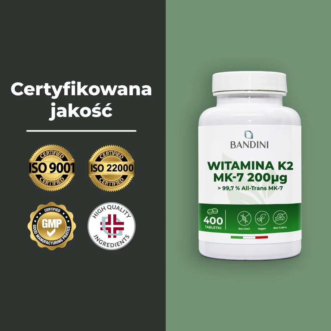 Bandini Witamina K2 MK7 200 µg, 400 tabletek, Wysoka dawka menachinonu, Pomaga w utrzymaniu prawidłowego stanu kości, Wegańska